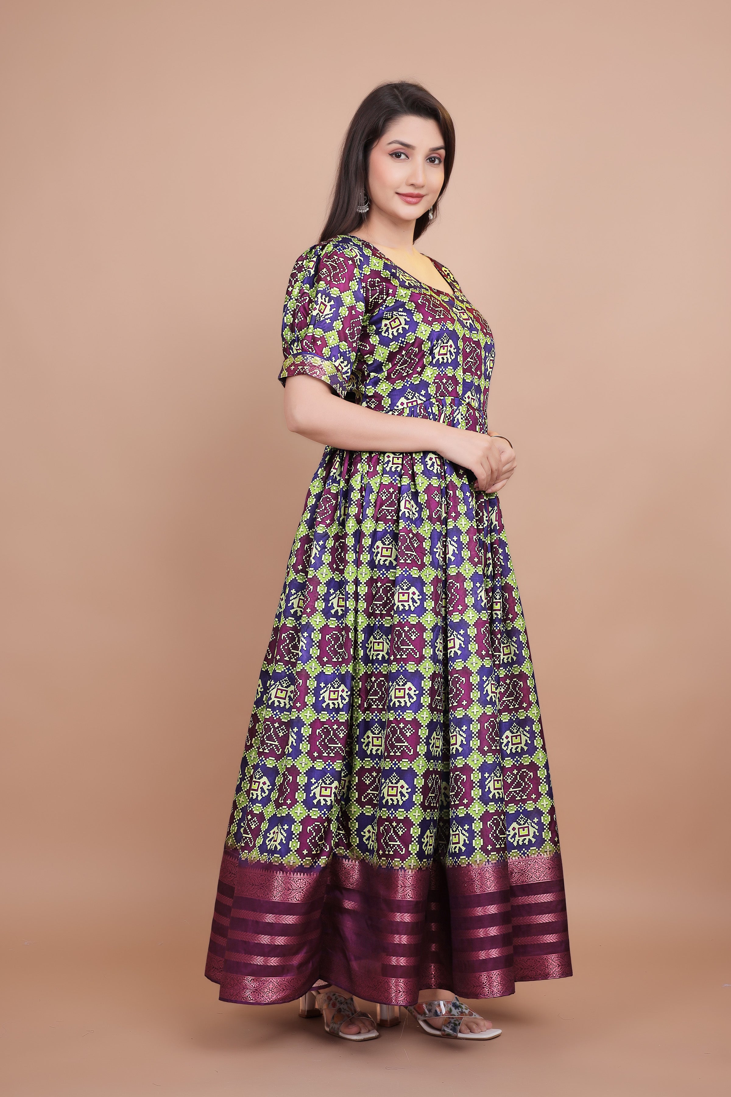 Red Pure Dolla Silk Designer Gown for Women – Zari Woven Border | 5 Meter Flair | Fully Stitched & Ready to Wear