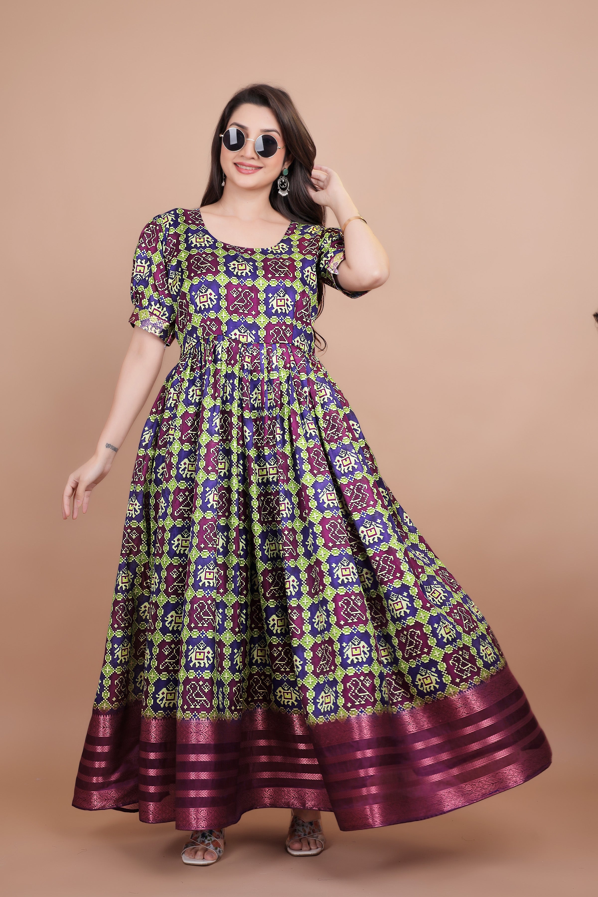 Red Pure Dolla Silk Designer Gown for Women – Zari Woven Border | 5 Meter Flair | Fully Stitched & Ready to Wear