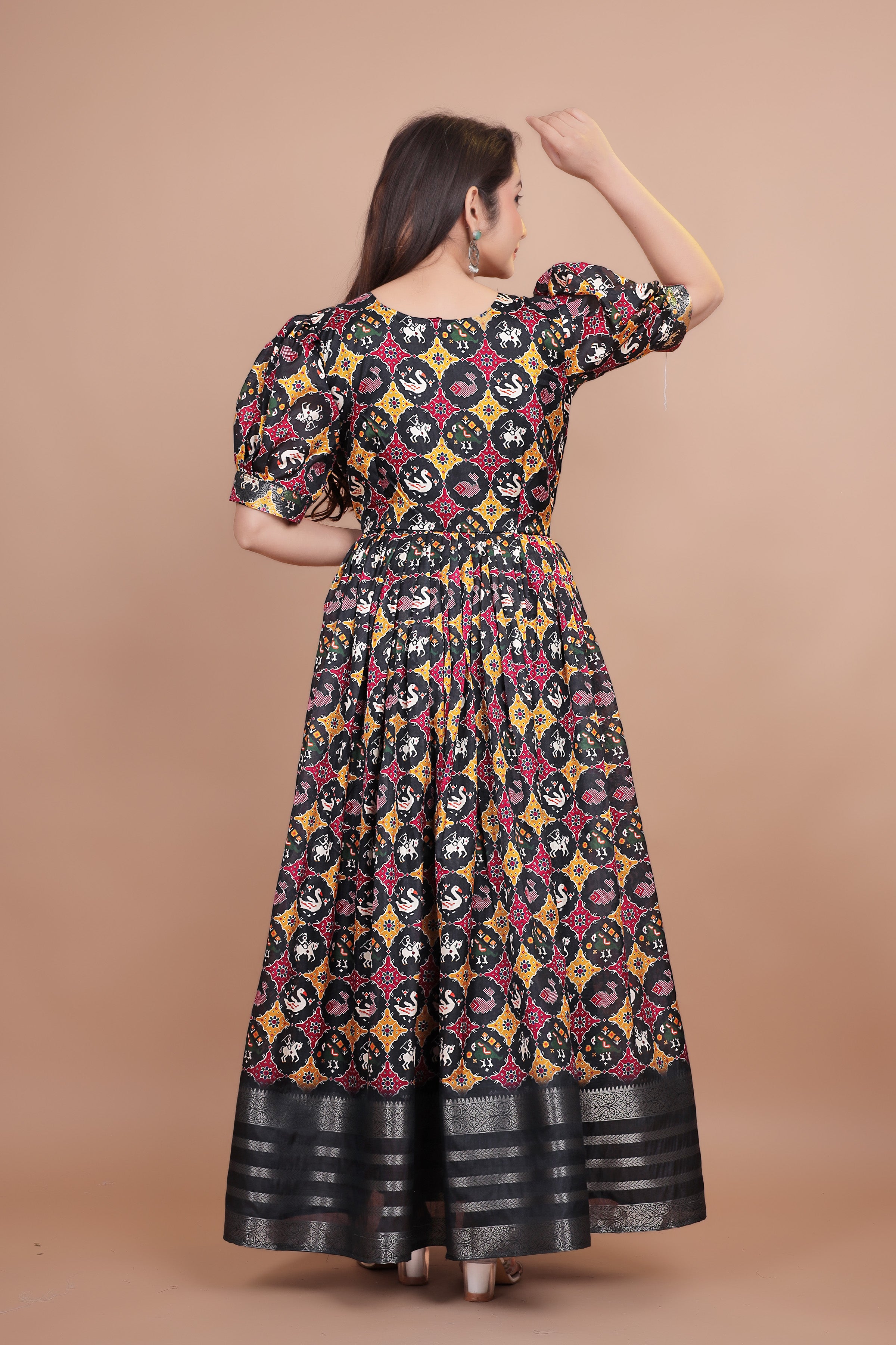 Black Pure Dolla Silk Designer Gown for Women – Zari Woven Border | 5 Meter Flair | Fully Stitched & Ready to Wear