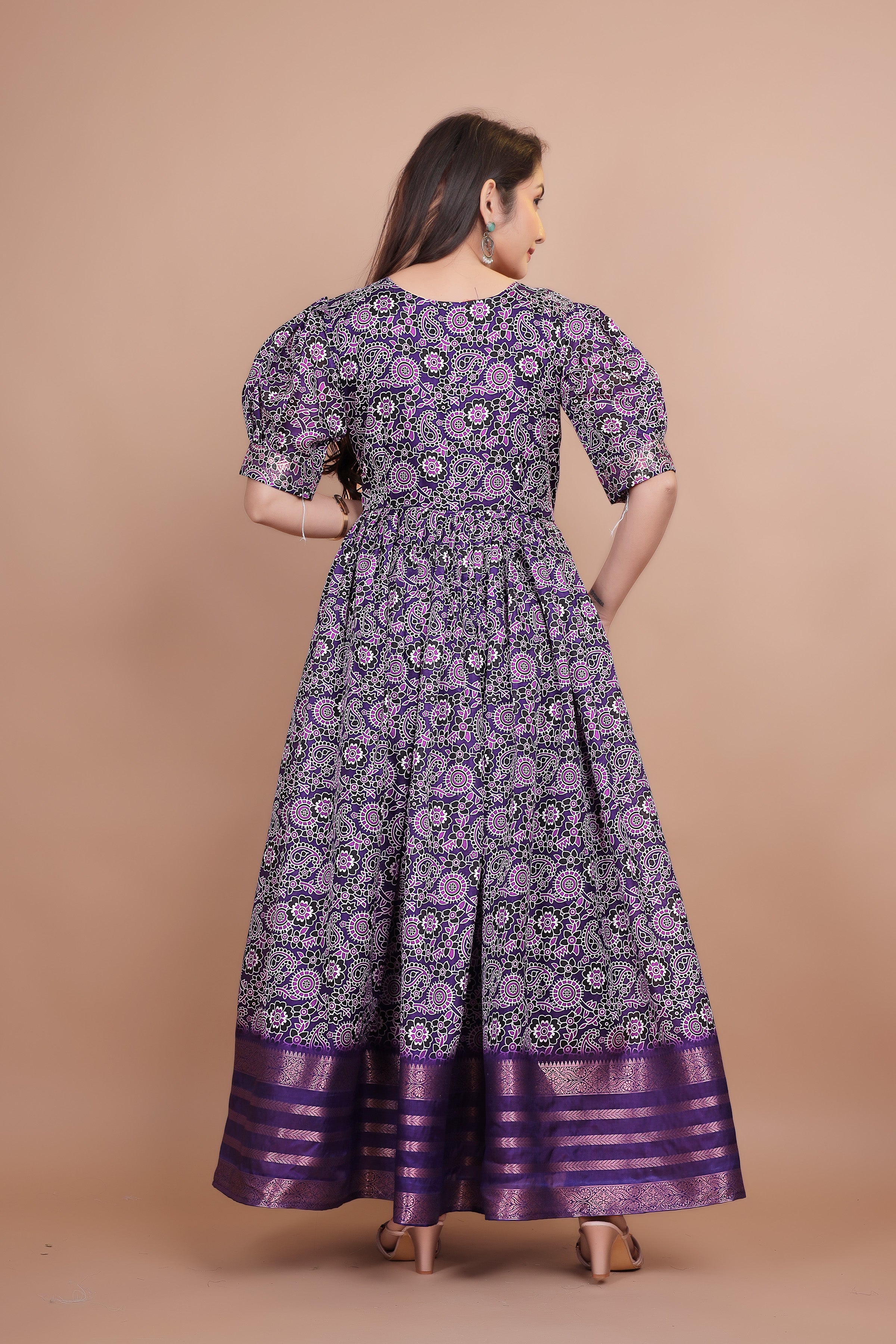 Purple Pure Dolla Silk Designer Gown for Women – Zari Woven Border | 5 Meter Flair | Fully Stitched & Ready to Wear