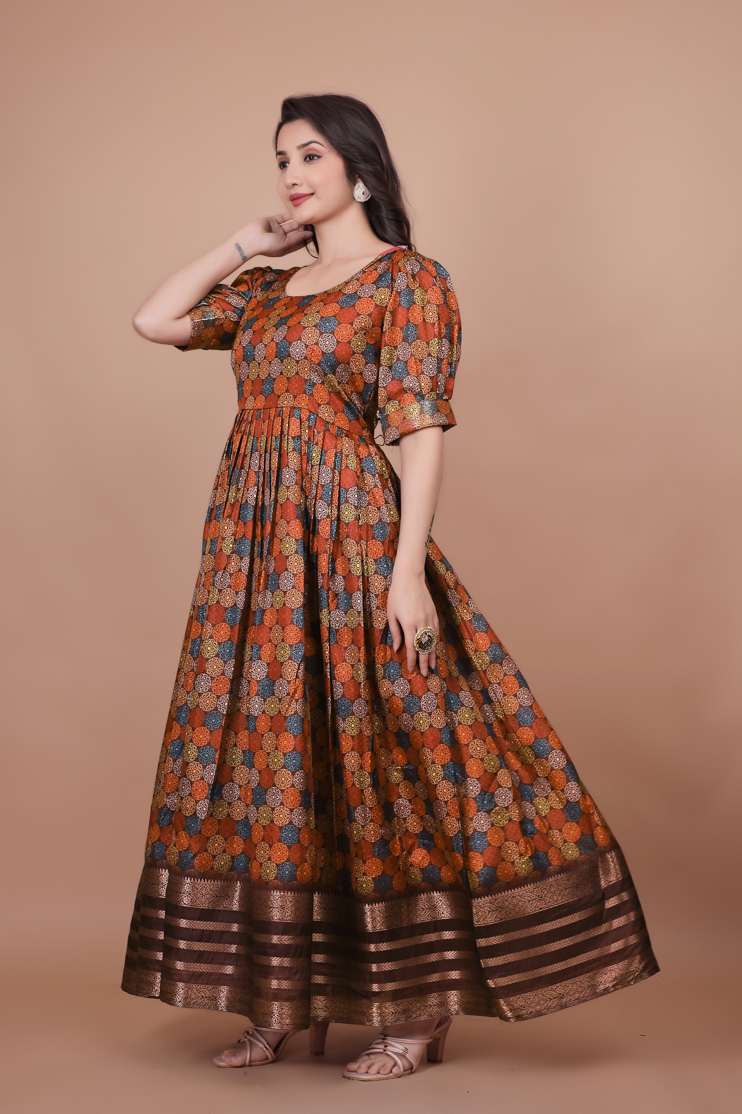 Maroon Pure Dolla Silk Designer Gown for Women – Zari Woven Border | 5 Meter Flair | Fully Stitched & Ready to Wear