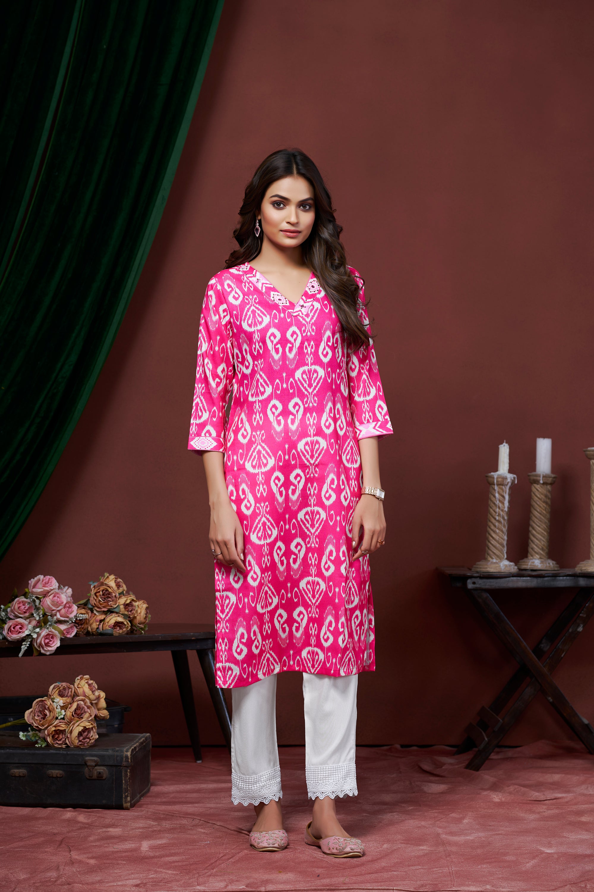 PURE PINK COTTON LILEN KURTI FOR WOMENS