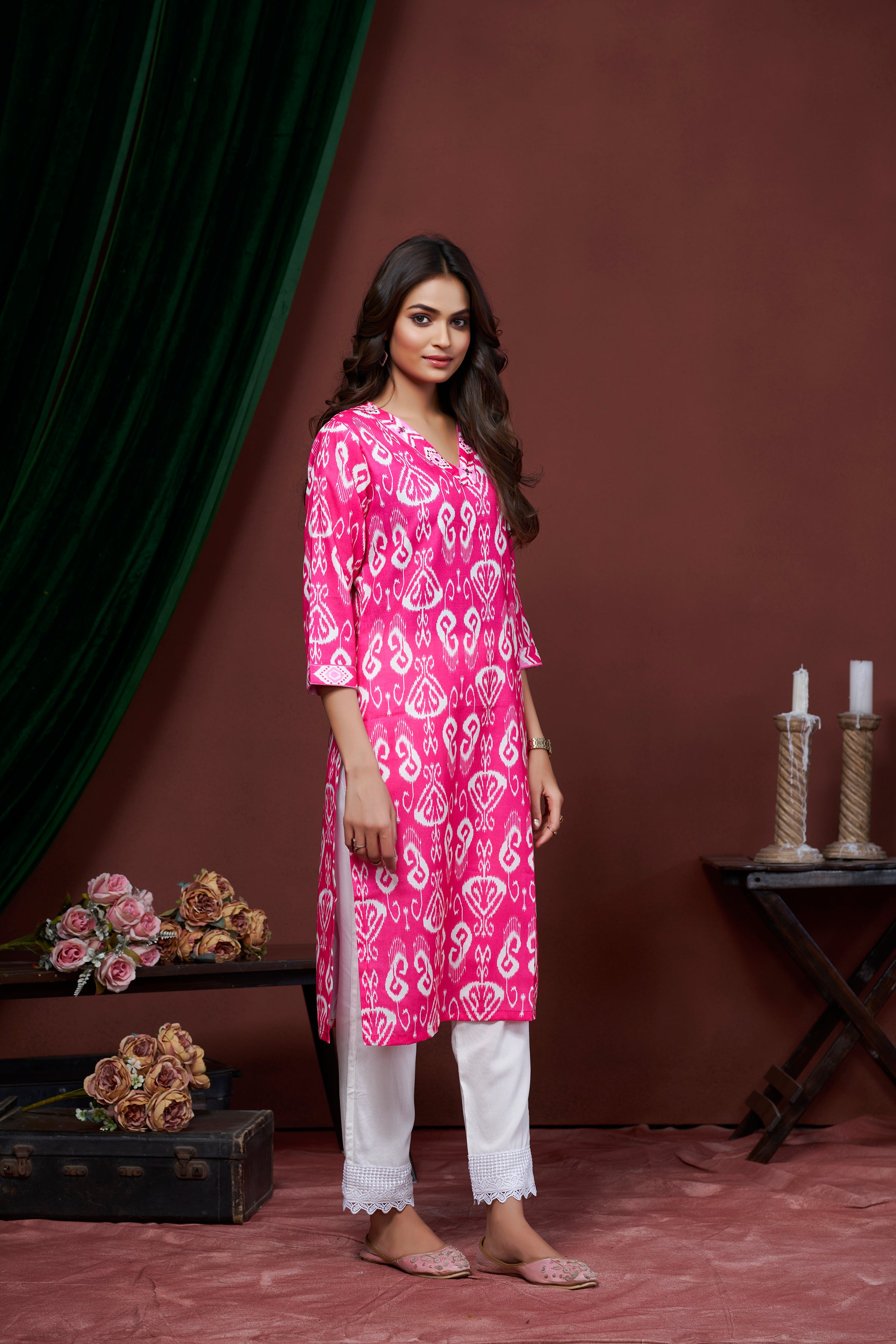 PURE PINK COTTON LILEN KURTI FOR WOMENS