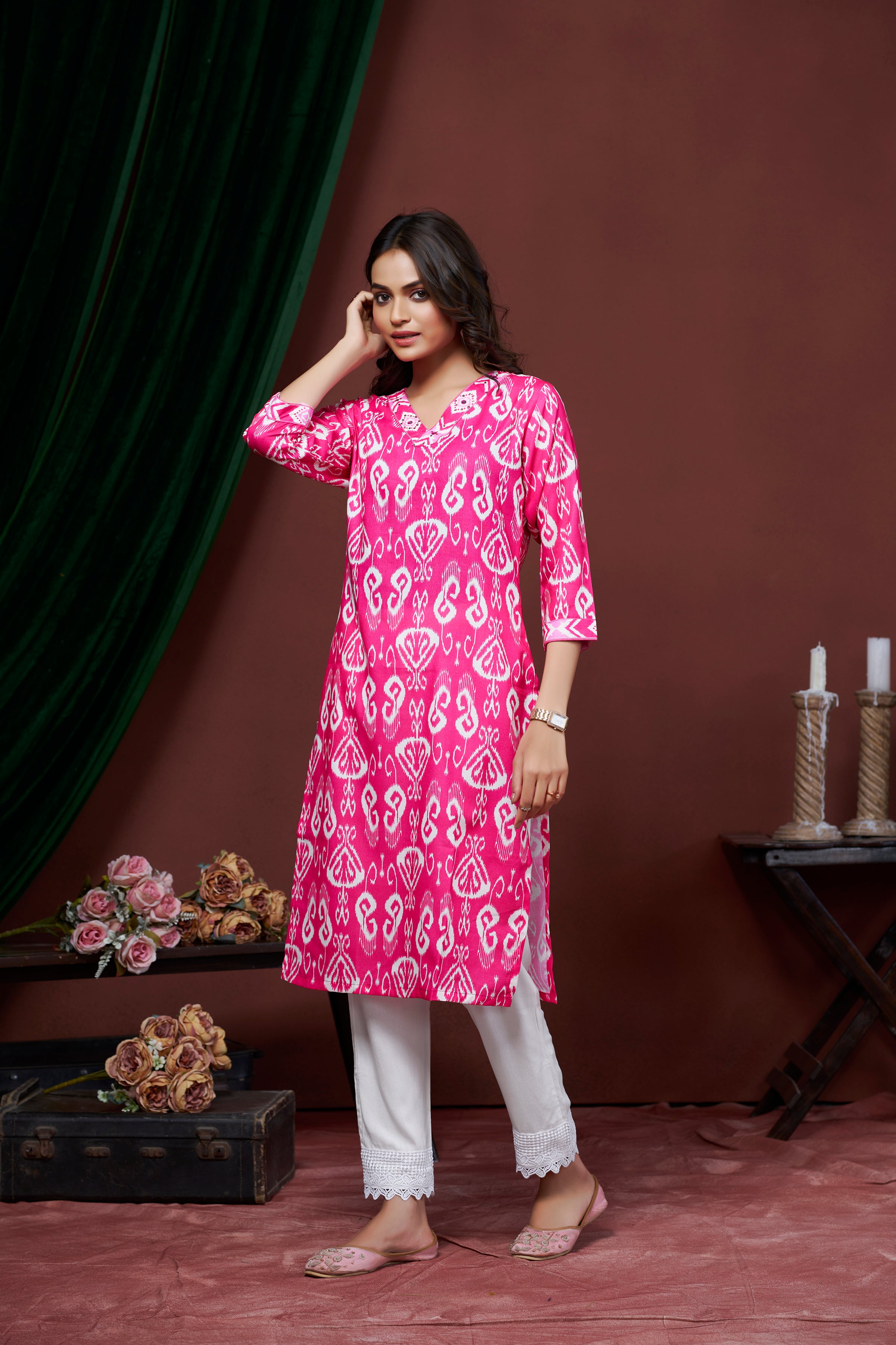 PURE PINK COTTON LILEN KURTI FOR WOMENS