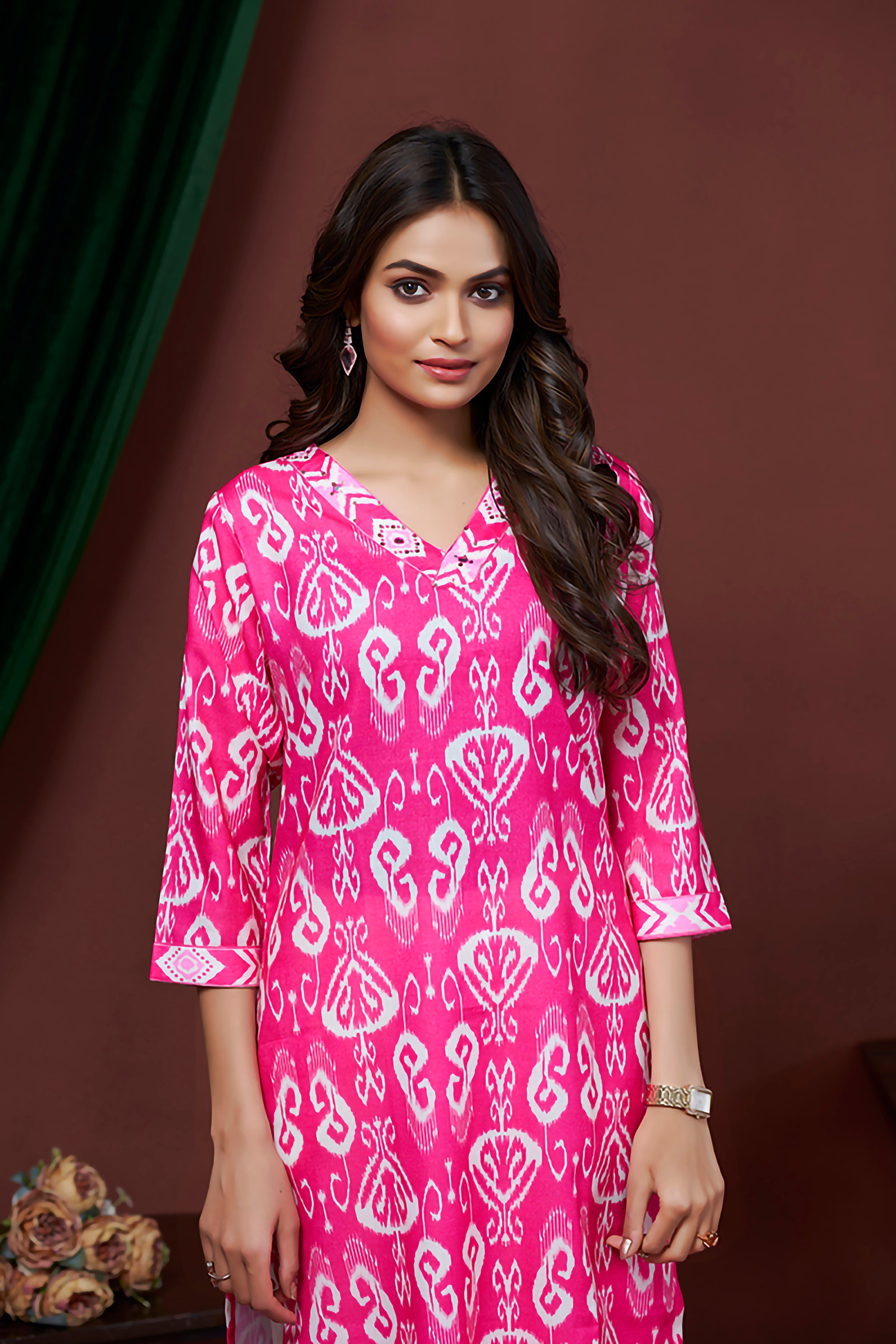 PURE PINK COTTON LILEN KURTI FOR WOMENS
