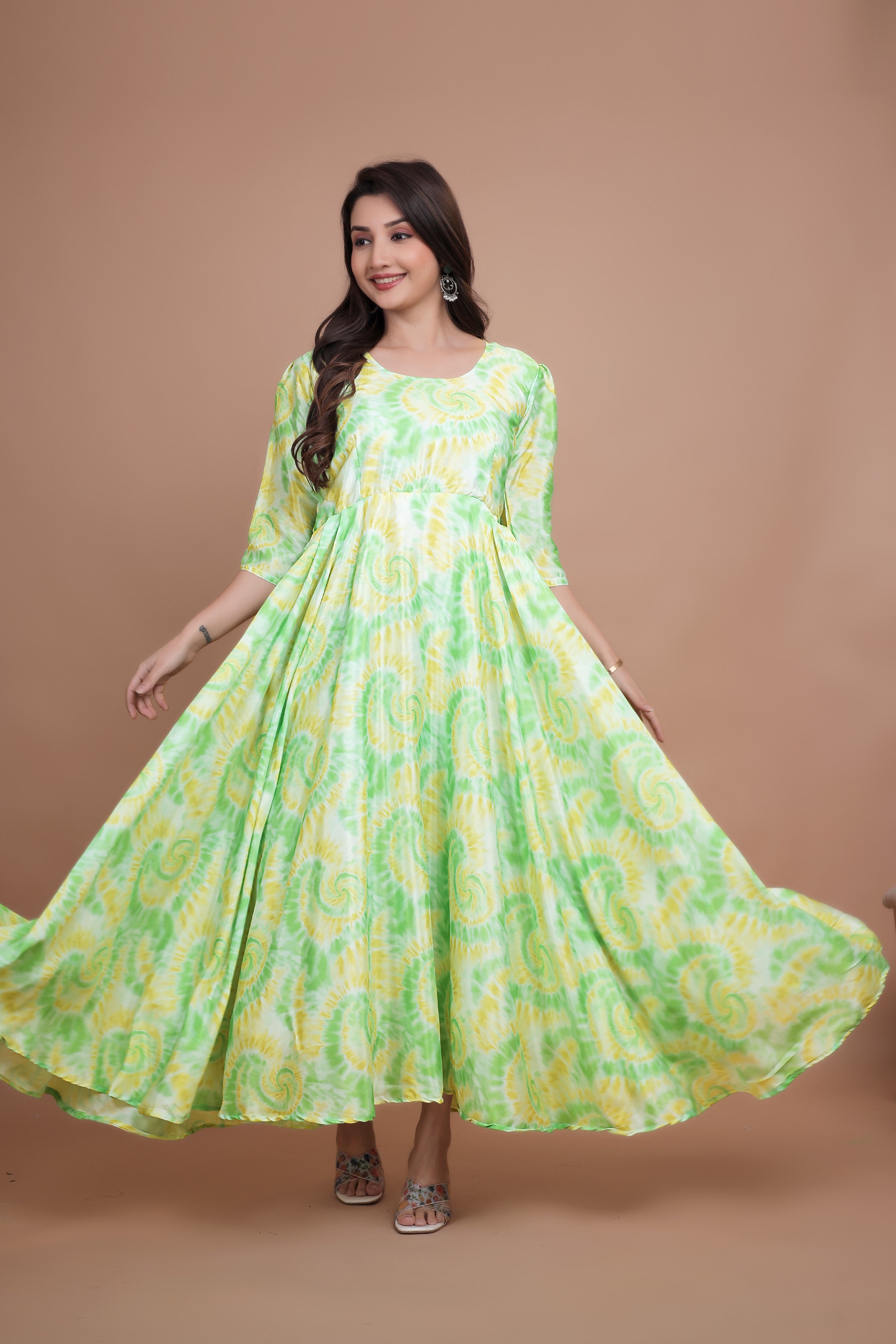 Designer Pure Chinnon Gown With Tie-Die Designing