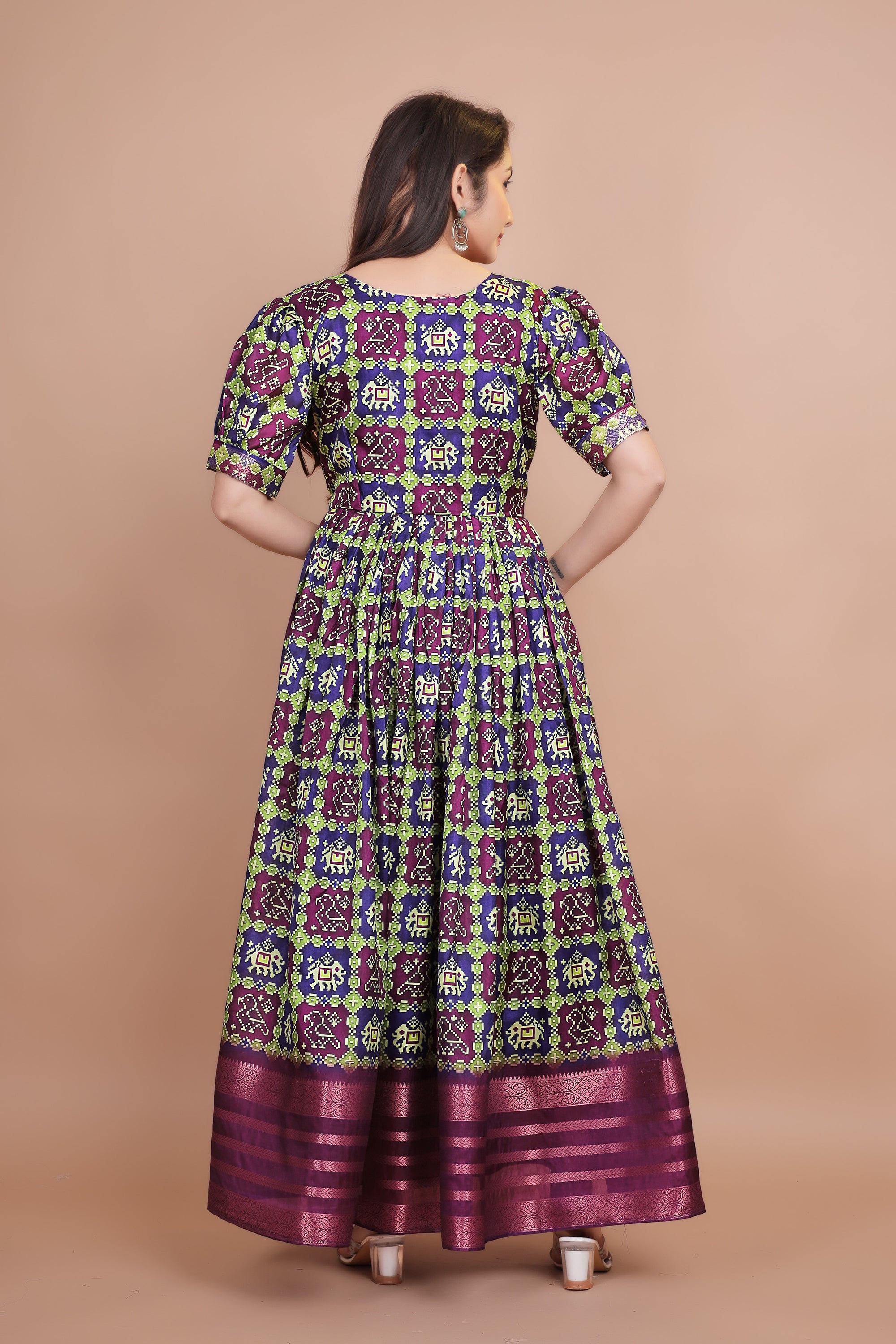 Red Pure Dolla Silk Designer Gown for Women – Zari Woven Border | 5 Meter Flair | Fully Stitched & Ready to Wear