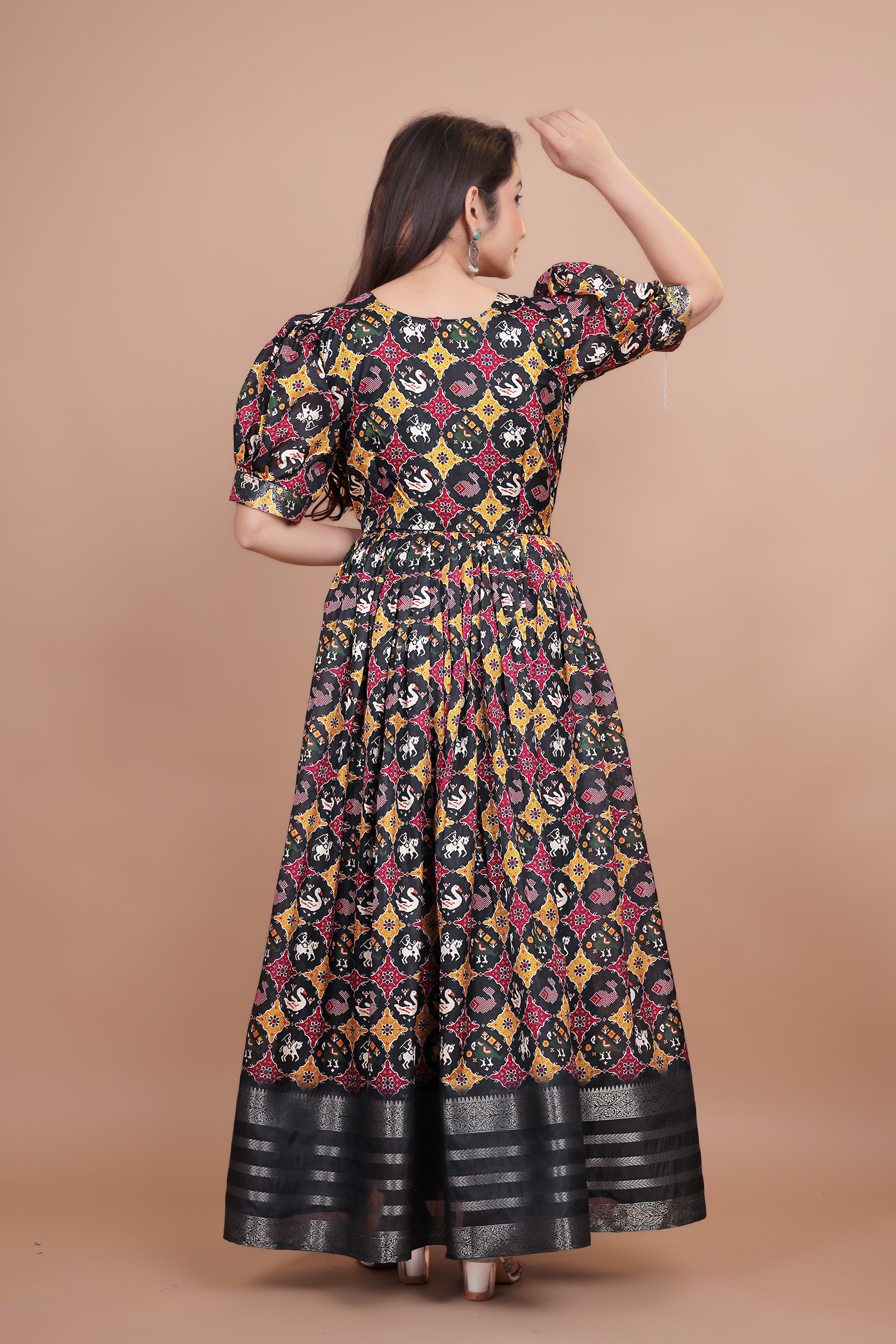 Black Pure Dolla Silk Designer Gown for Women – Zari Woven Border | 5 Meter Flair | Fully Stitched & Ready to Wear