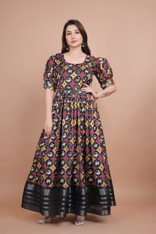 Black Pure Dolla Silk Designer Gown for Women – Zari Woven Border | 5 Meter Flair | Fully Stitched & Ready to Wear