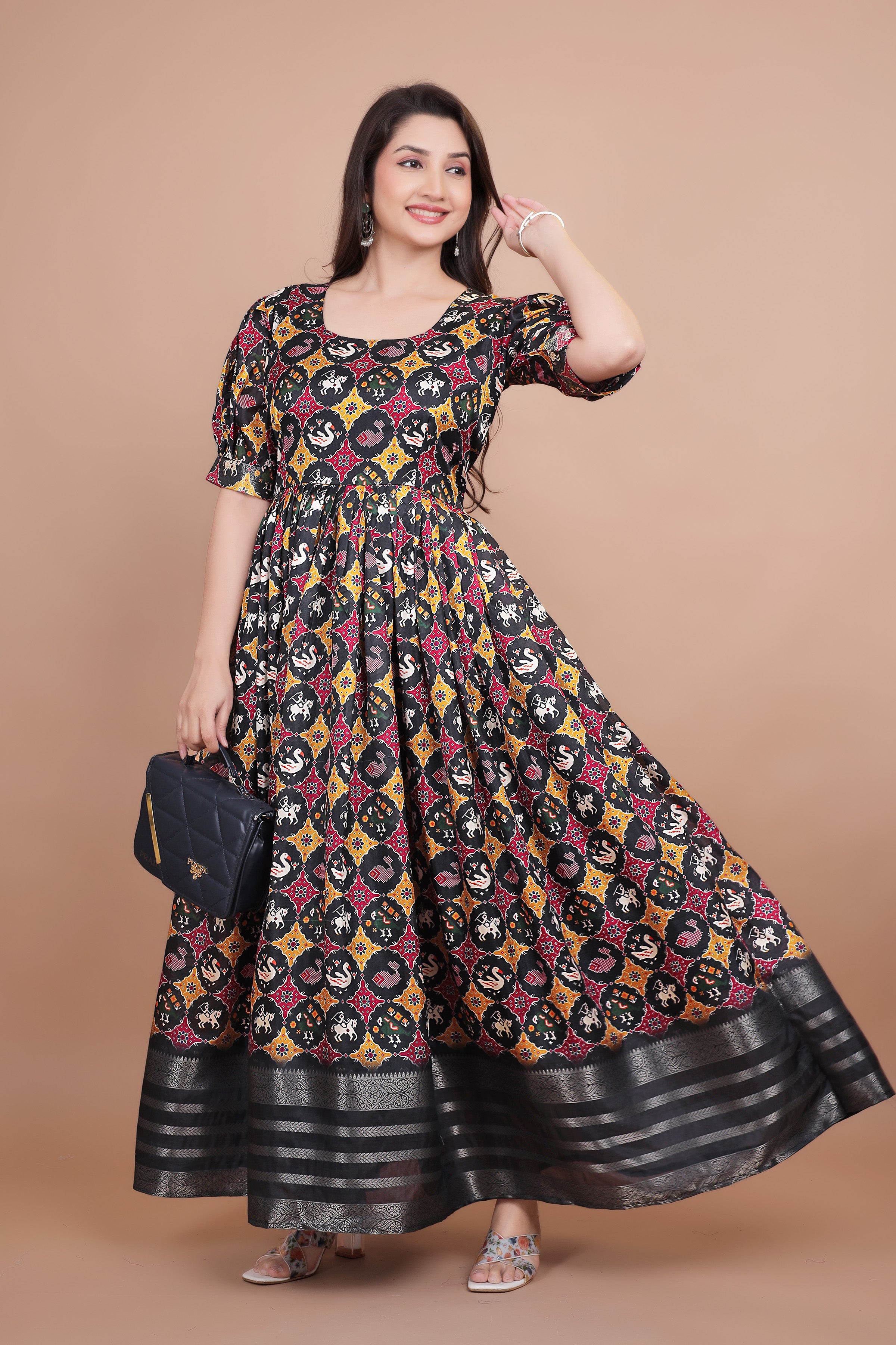 Black Pure Dolla Silk Designer Gown for Women – Zari Woven Border | 5 Meter Flair | Fully Stitched & Ready to Wear