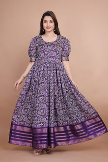 Purple Pure Dolla Silk Designer Gown for Women – Zari Woven Border | 5 Meter Flair | Fully Stitched & Ready to Wear