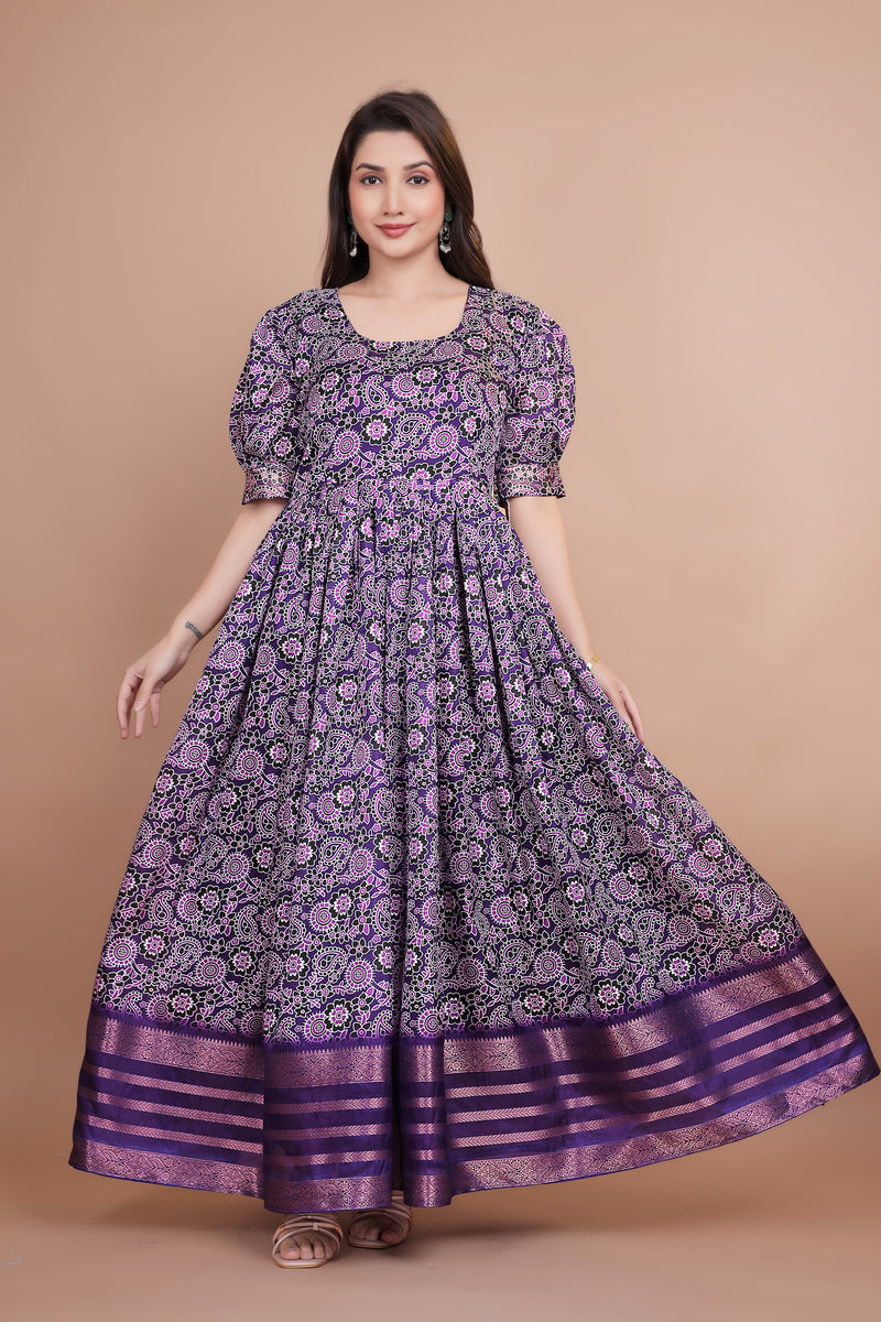 Purple Pure Dolla Silk Designer Gown for Women – Zari Woven Border | 5 Meter Flair | Fully Stitched & Ready to Wear
