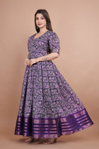 Purple Pure Dolla Silk Designer Gown for Women – Zari Woven Border | 5 Meter Flair | Fully Stitched & Ready to Wear