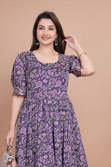 Purple Pure Dolla Silk Designer Gown for Women – Zari Woven Border | 5 Meter Flair | Fully Stitched & Ready to Wear