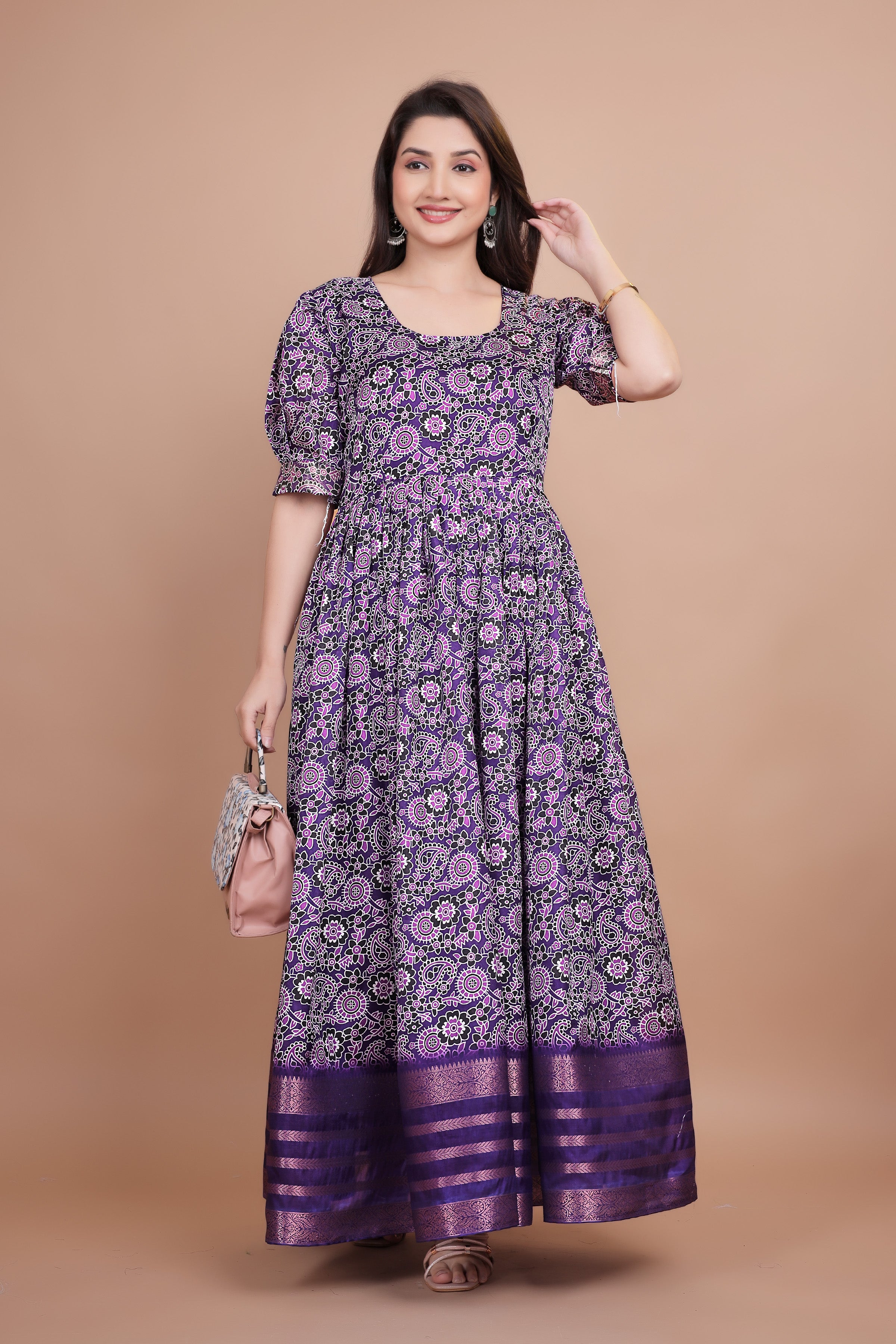 Purple Pure Dolla Silk Designer Gown for Women – Zari Woven Border | 5 Meter Flair | Fully Stitched & Ready to Wear