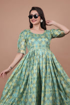 Green Pure Dolla Silk Designer Gown for Women – Zari Woven Border | 5 Meter Flair | Fully Stitched & Ready to Wear