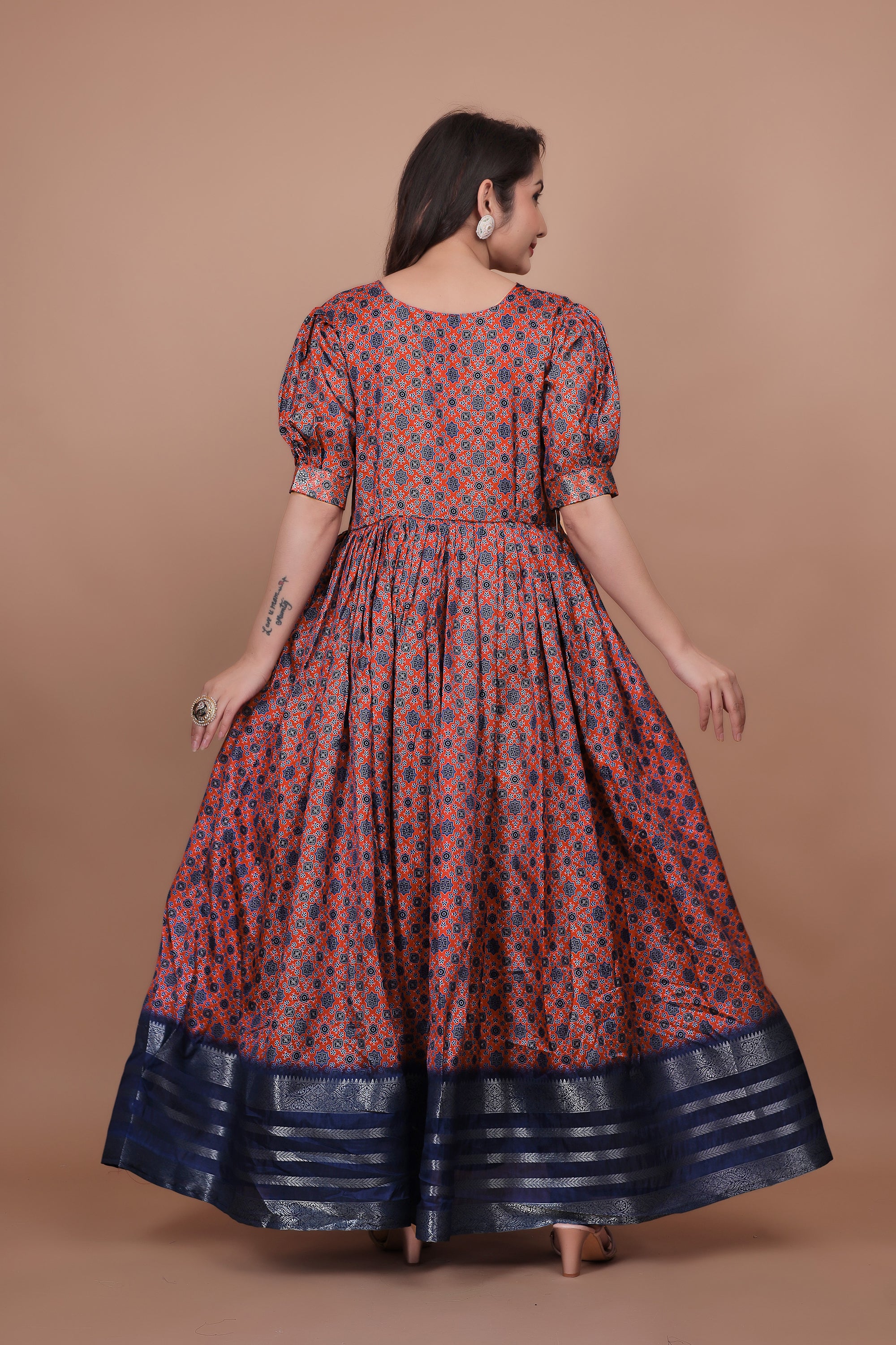 Maroon Pure Dolla Silk Designer Gown for Women – Zari Woven Border | 5 Meter Flair | Fully Stitched & Ready to Wear