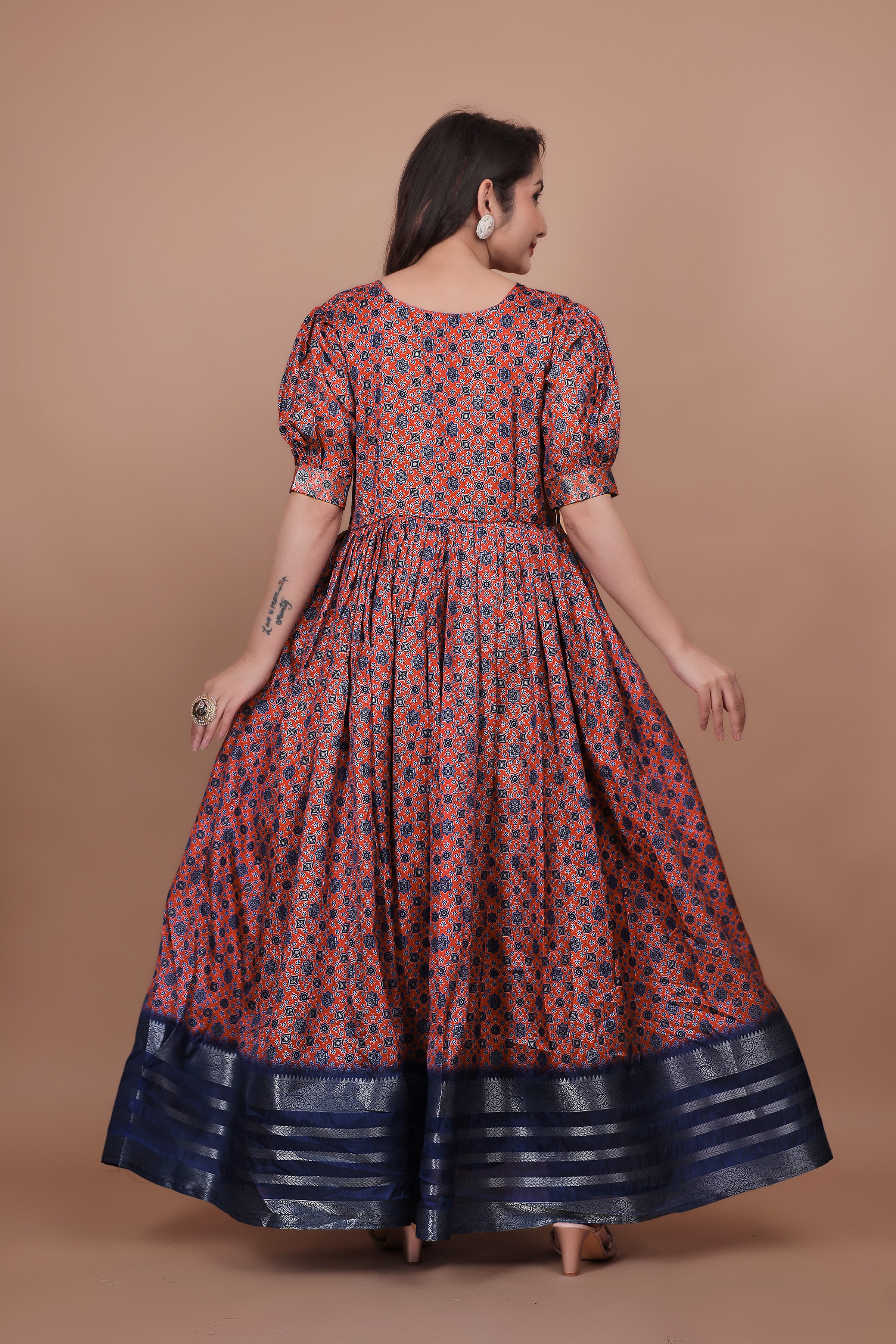 Maroon Pure Dolla Silk Designer Gown for Women – Zari Woven Border | 5 Meter Flair | Fully Stitched & Ready to Wear