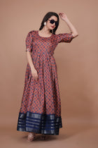 Maroon Pure Dolla Silk Designer Gown for Women – Zari Woven Border | 5 Meter Flair | Fully Stitched & Ready to Wear