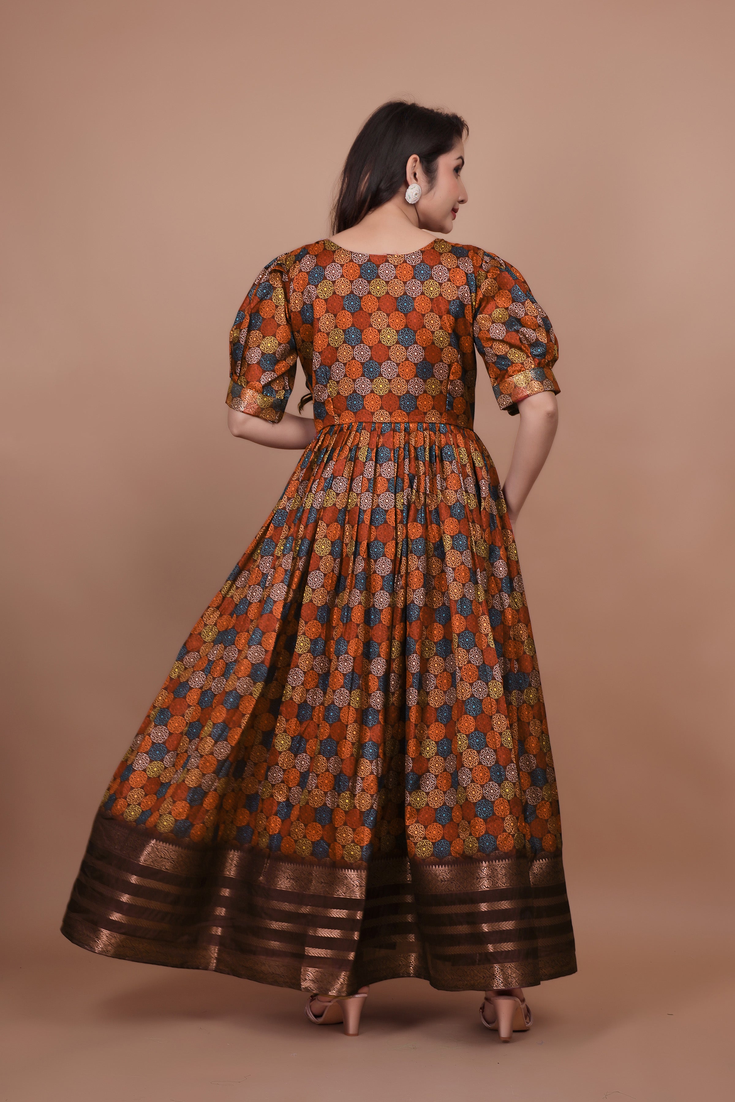 Maroon Pure Dolla Silk Designer Gown for Women – Zari Woven Border | 5 Meter Flair | Fully Stitched & Ready to Wear