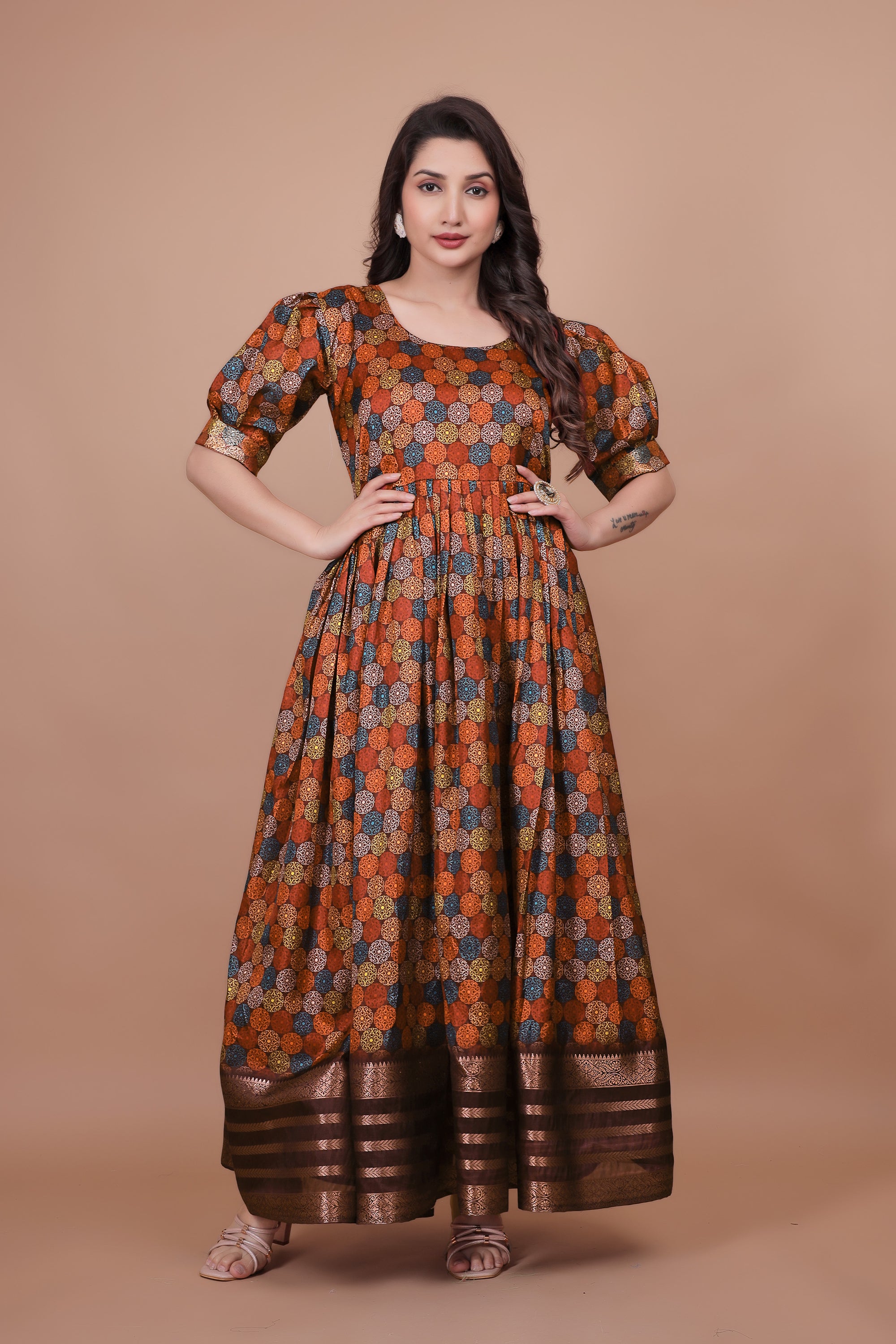 Maroon Pure Dolla Silk Designer Gown for Women – Zari Woven Border | 5 Meter Flair | Fully Stitched & Ready to Wear