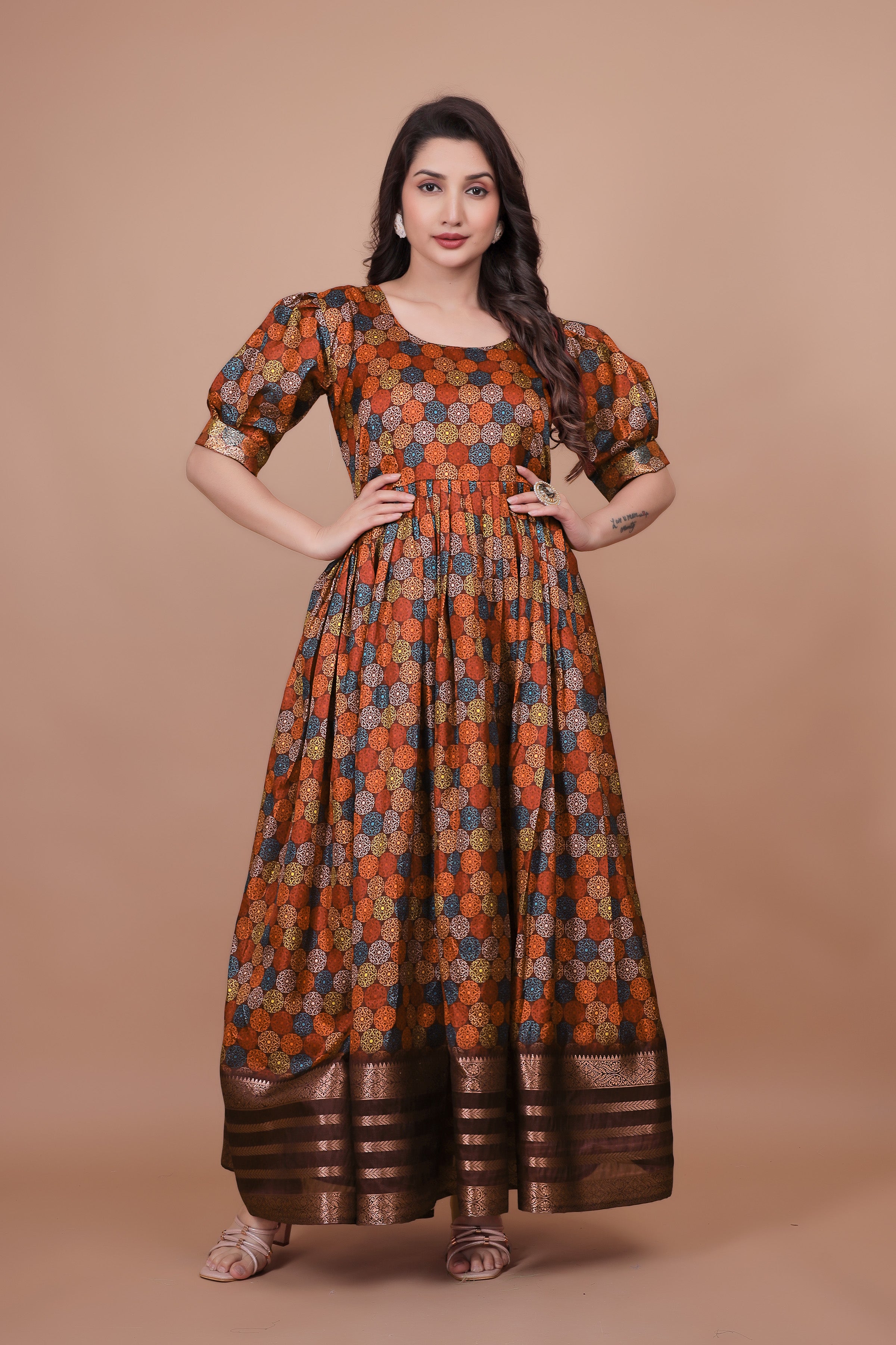 Maroon Pure Dolla Silk Designer Gown for Women – Zari Woven Border | 5 Meter Flair | Fully Stitched & Ready to Wear