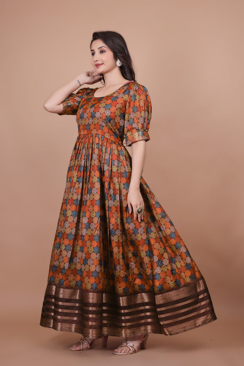 Maroon Pure Dolla Silk Designer Gown for Women – Zari Woven Border | 5 Meter Flair | Fully Stitched & Ready to Wear