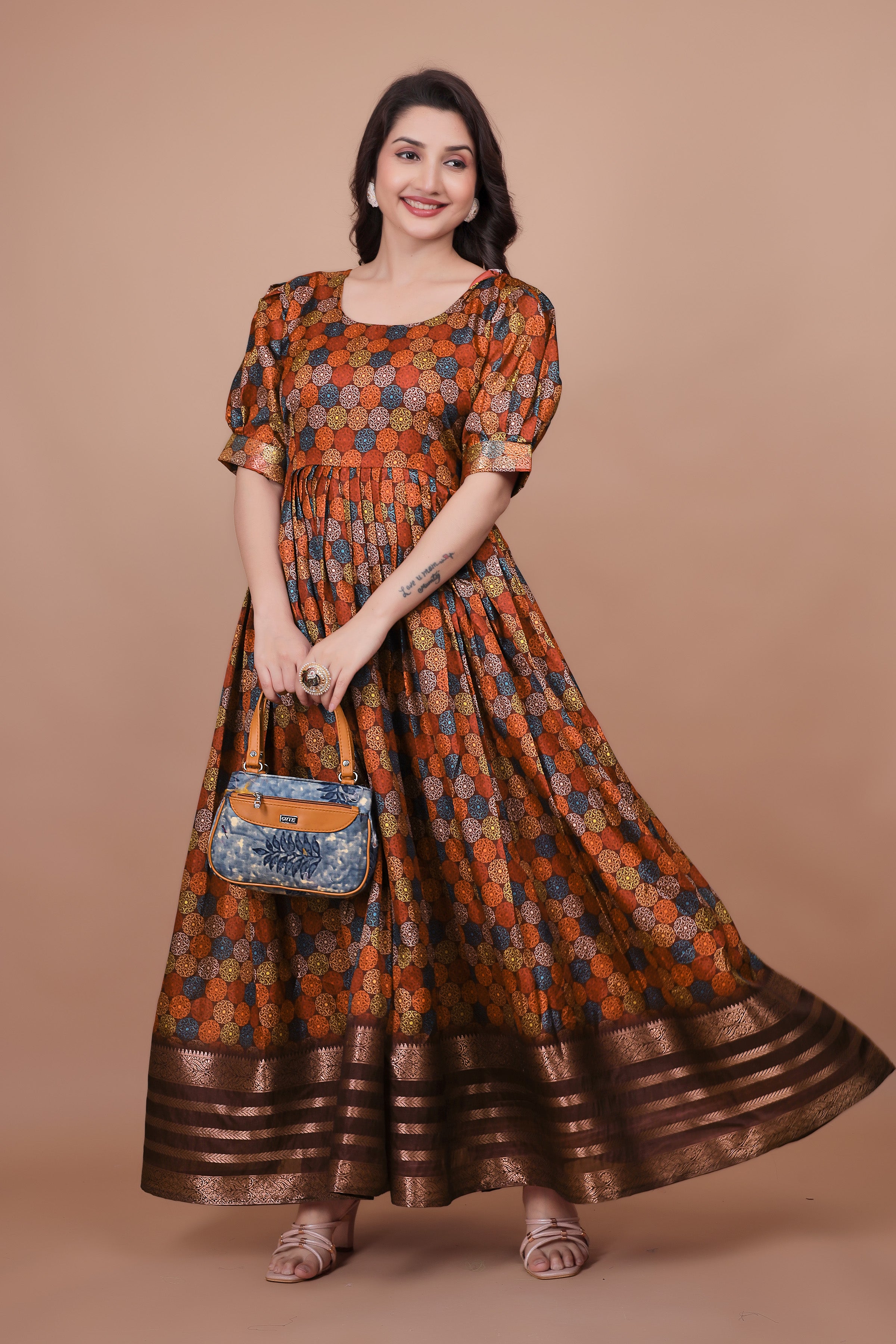 Maroon Pure Dolla Silk Designer Gown for Women – Zari Woven Border | 5 Meter Flair | Fully Stitched & Ready to Wear