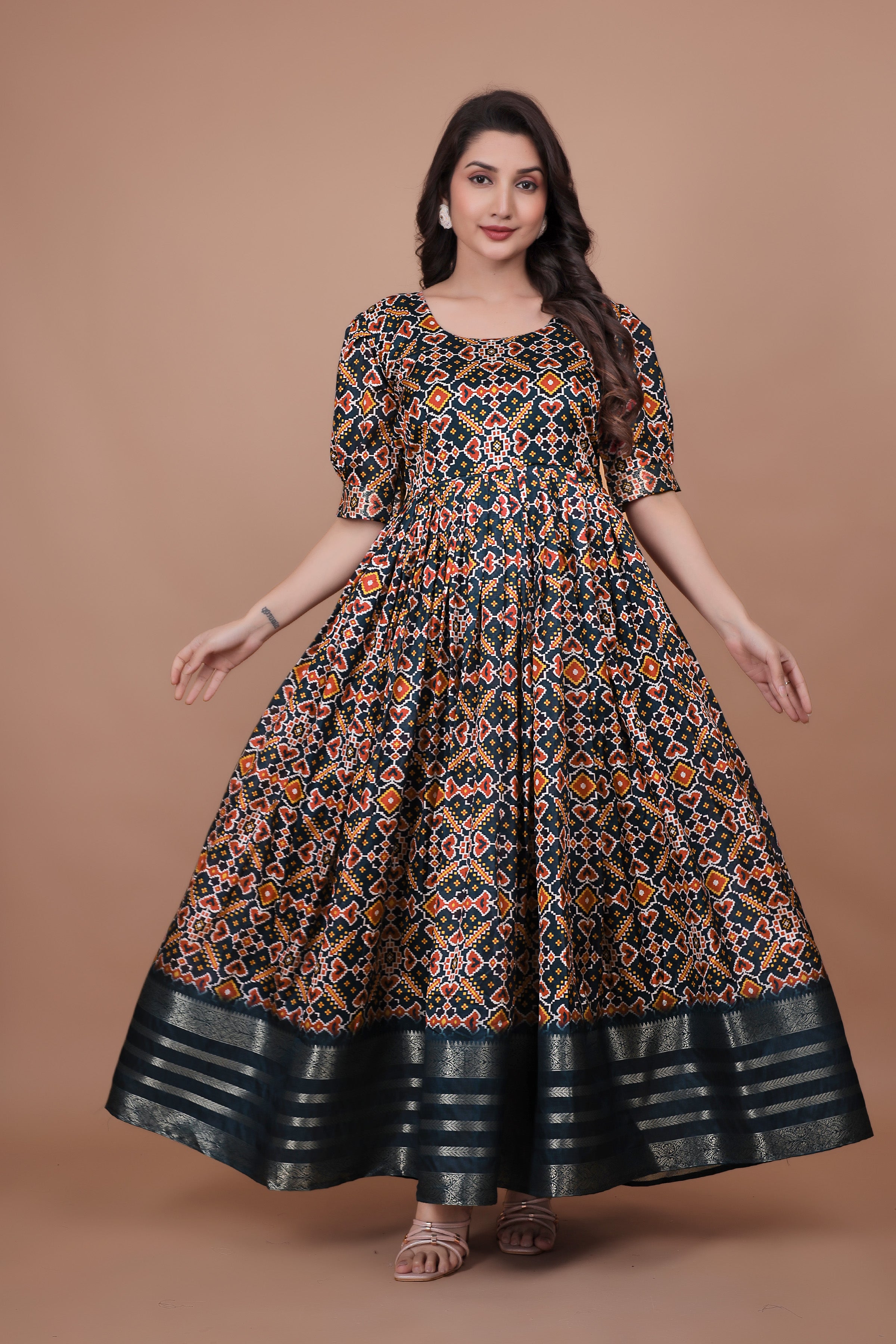 Excellent Designer Gown With Wooven Border