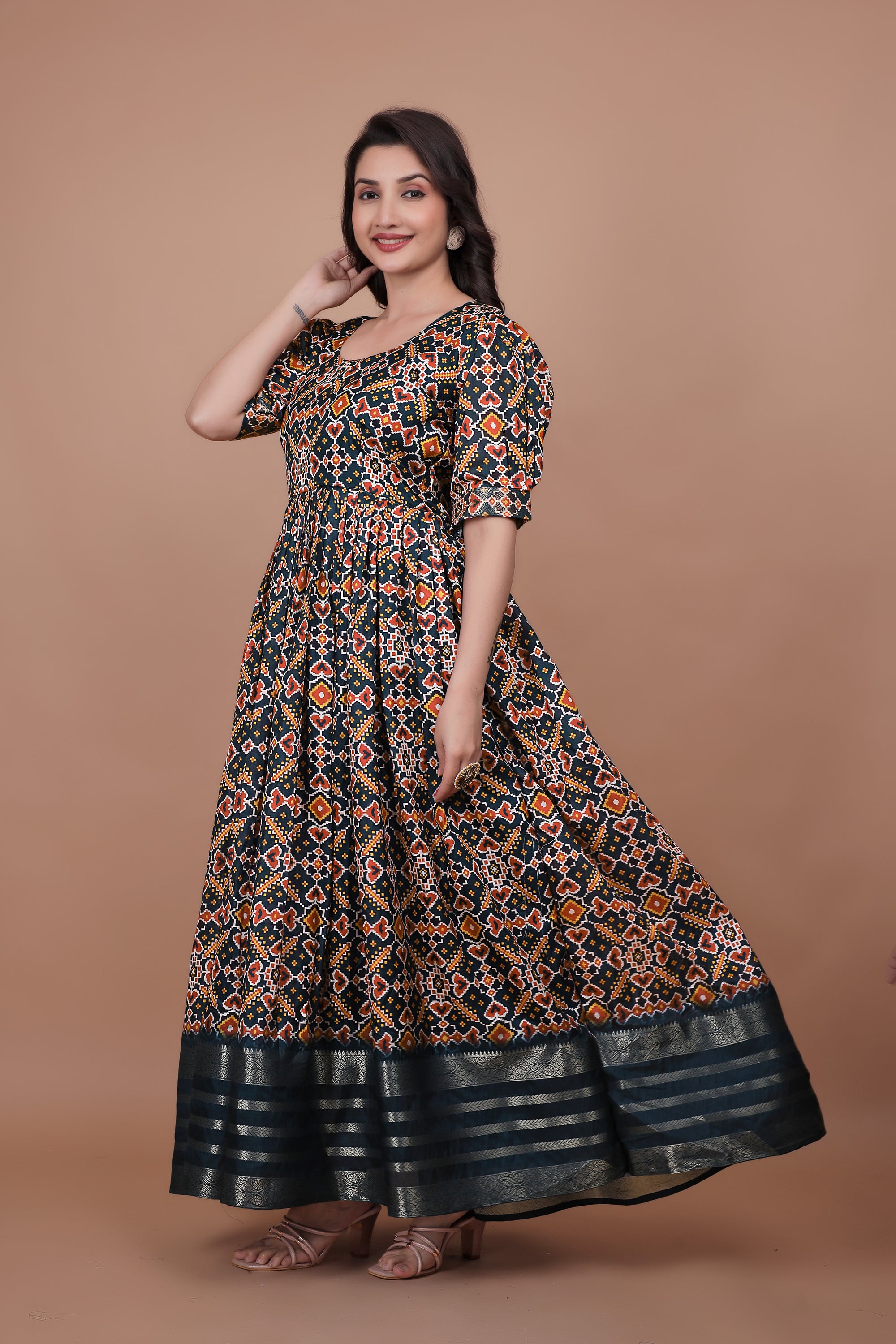 Excellent Designer Gown With Wooven Border