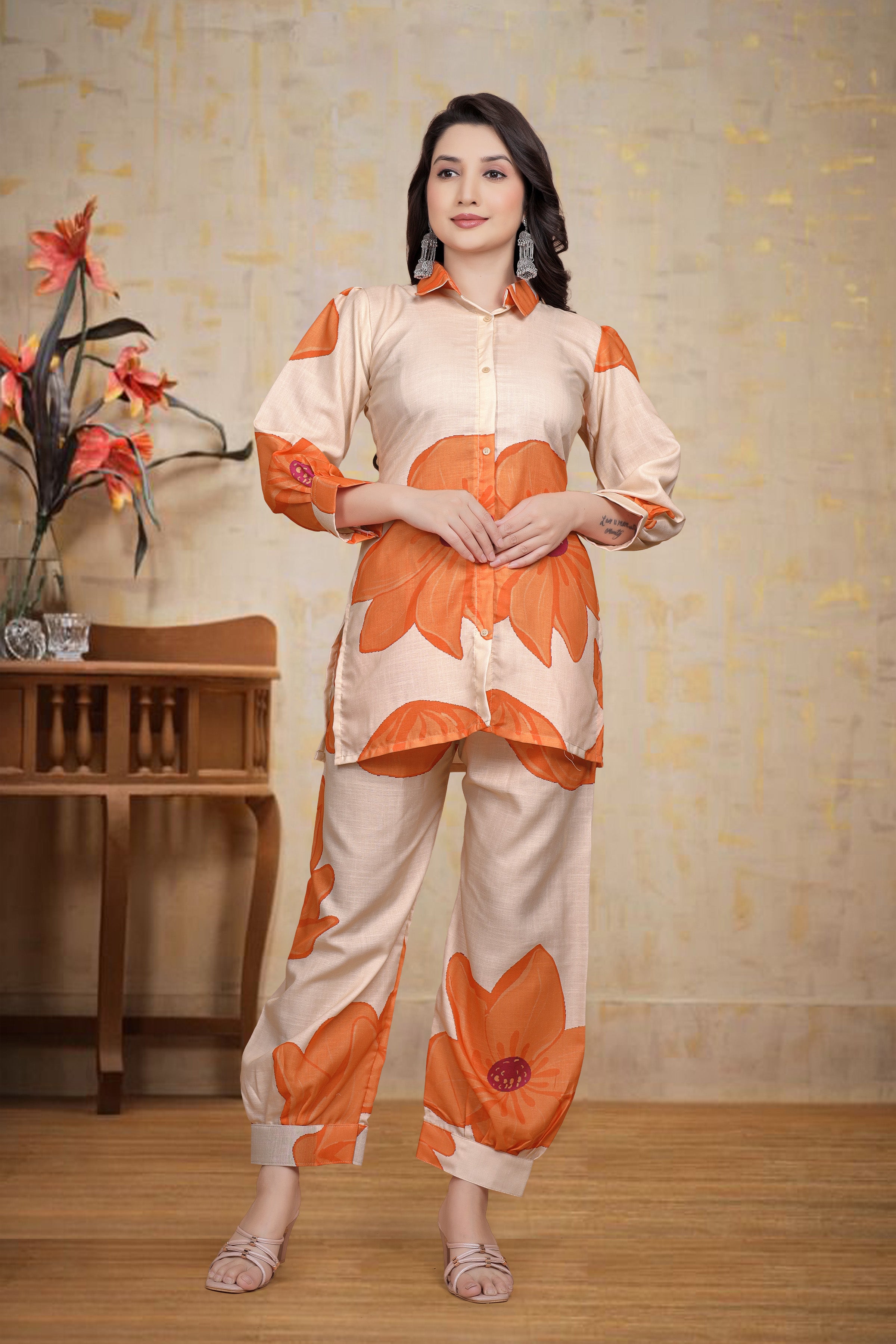 Orange Premium Pure Linen Co-ord Sets for Women – Ready to Wear 2-Piece Outfit | Stylish & Comfortable Matching Set