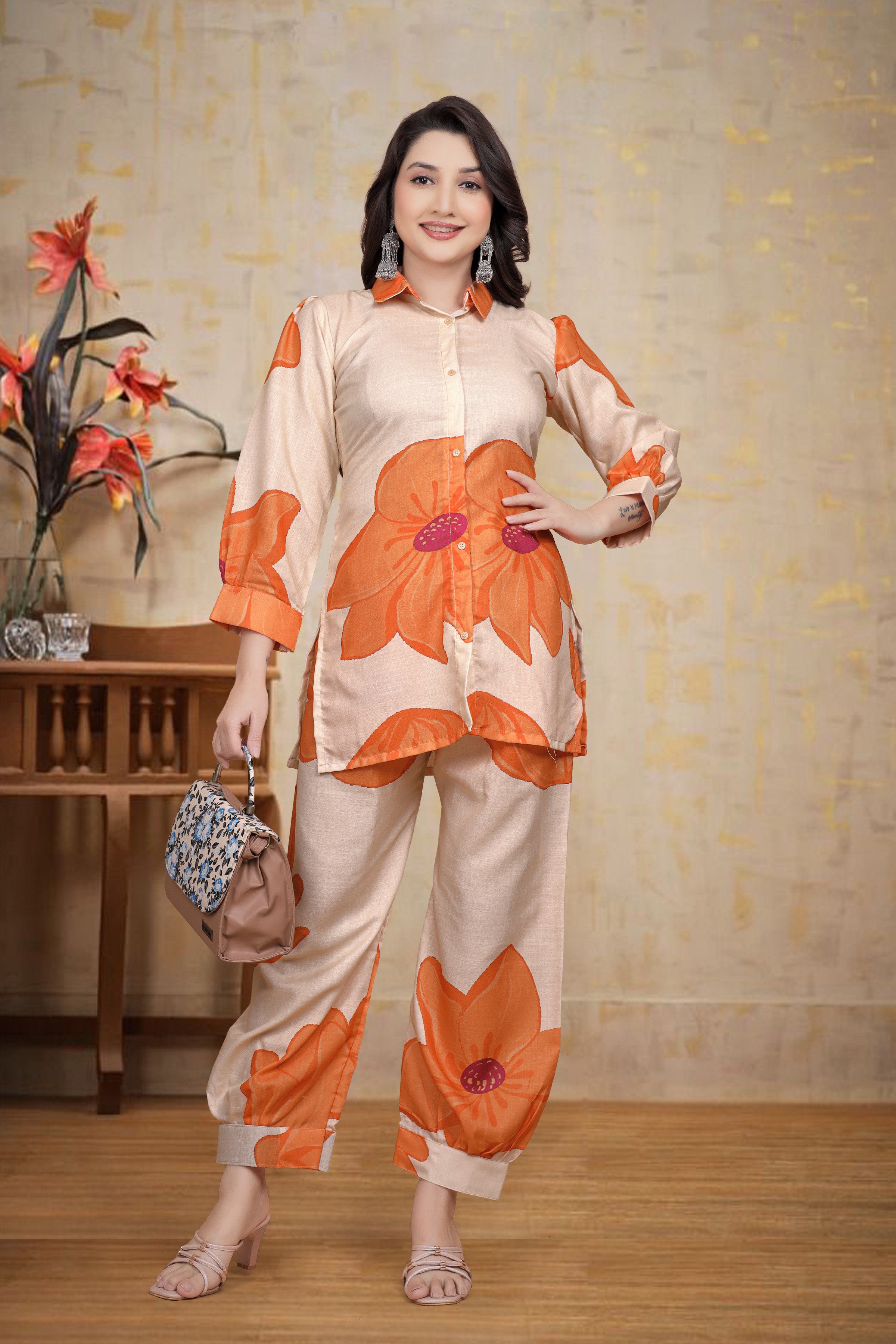 Orange Premium Pure Linen Co-ord Sets for Women – Ready to Wear 2-Piece Outfit | Stylish & Comfortable Matching Set