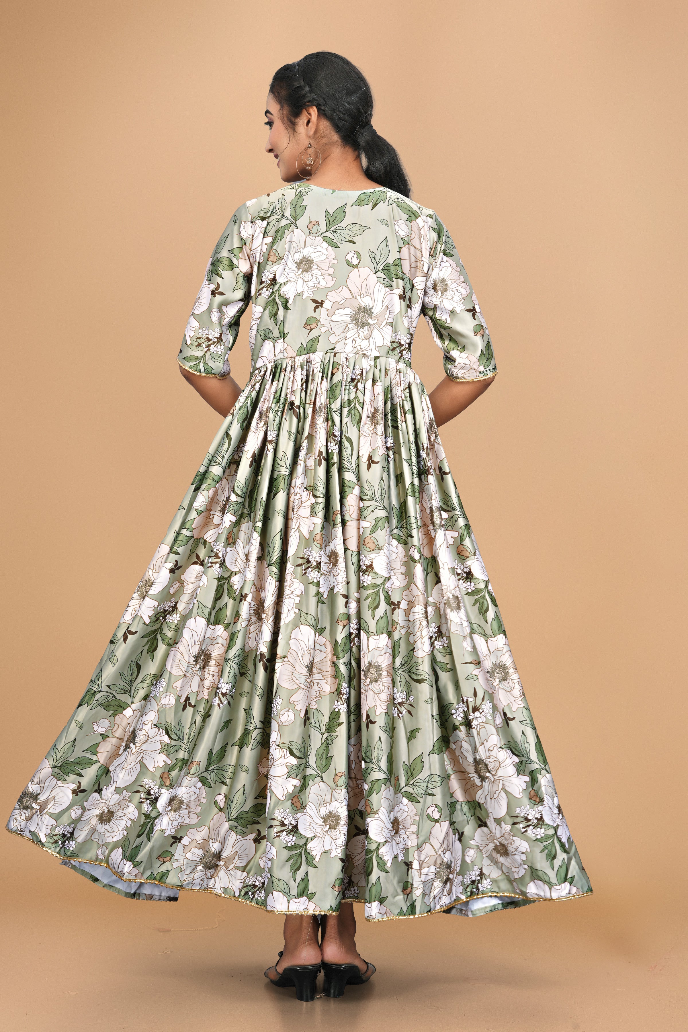 Elegant Pure Satin Designer Gown for Women – 6 Meter Flair | Green Partywear Gown | Ready to Wear