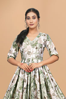 Elegant Pure Satin Designer Gown for Women – 6 Meter Flair | Green Partywear Gown | Ready to Wear