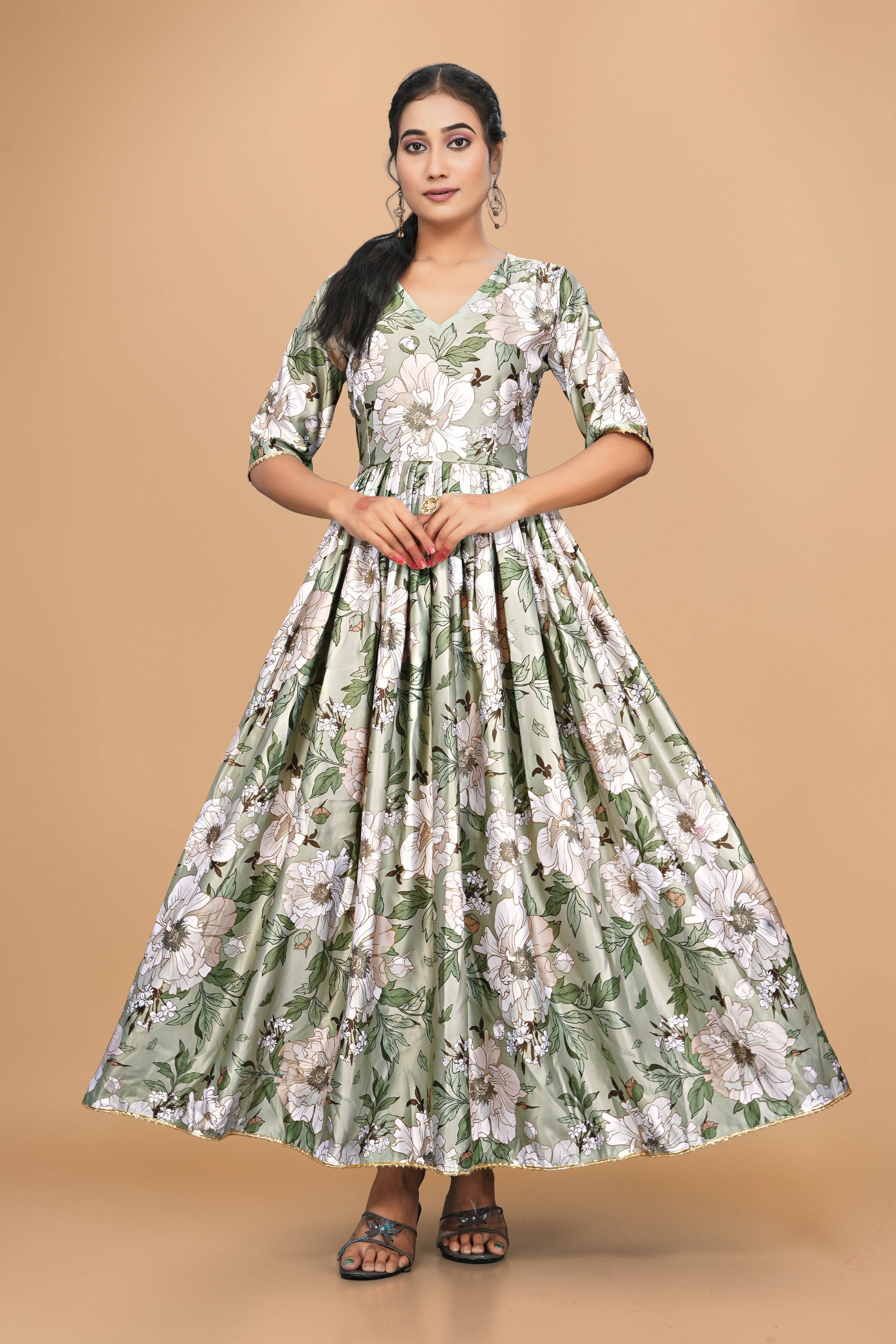 Elegant Pure Satin Designer Gown for Women – 6 Meter Flair | Green Partywear Gown | Ready to Wear