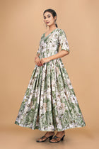 Elegant Pure Satin Designer Gown for Women – 6 Meter Flair | Green Partywear Gown | Ready to Wear