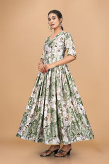 Elegant Pure Satin Designer Gown for Women – 6 Meter Flair | Green Partywear Gown | Ready to Wear