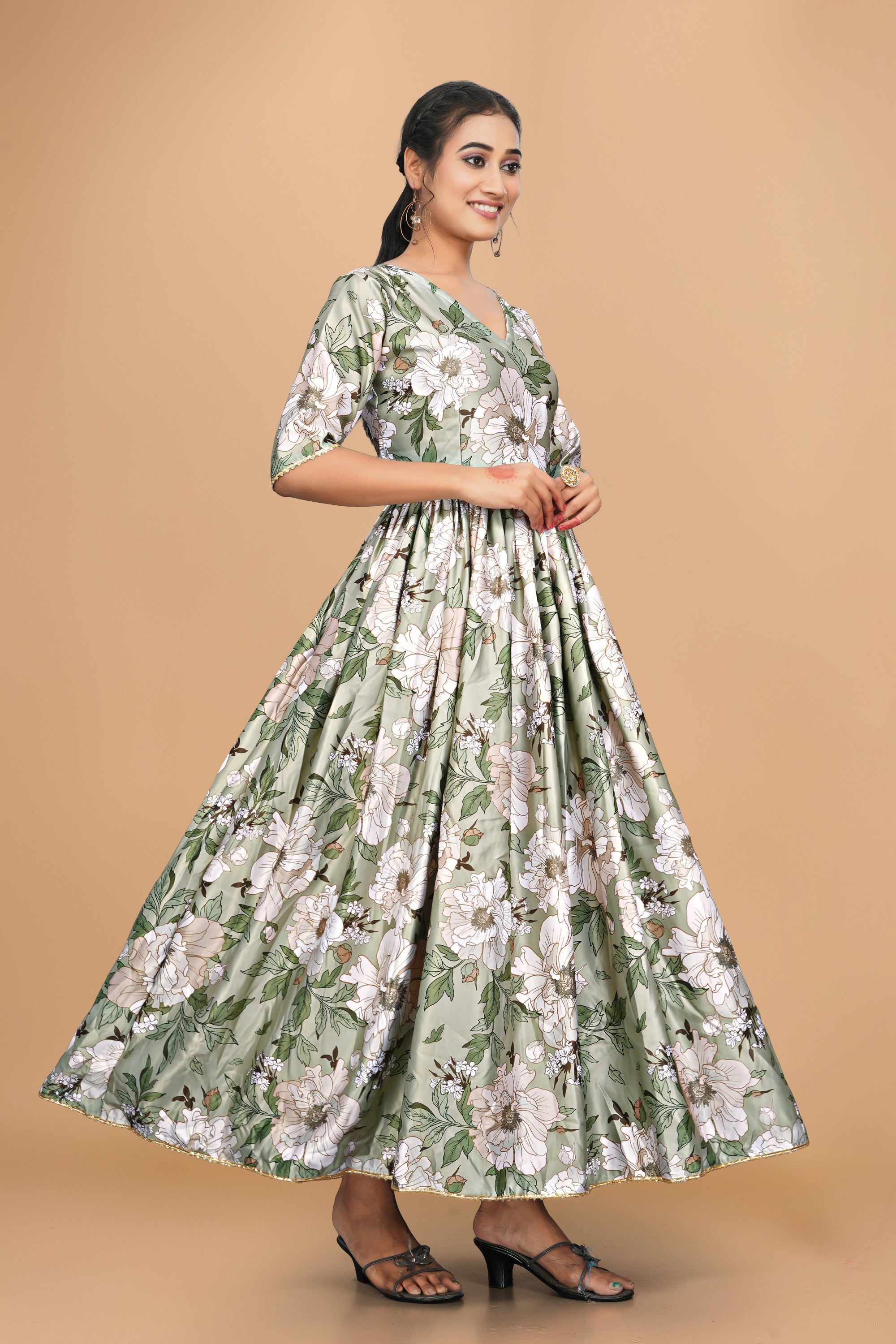 Elegant Pure Satin Designer Gown for Women – 6 Meter Flair | Green Partywear Gown | Ready to Wear