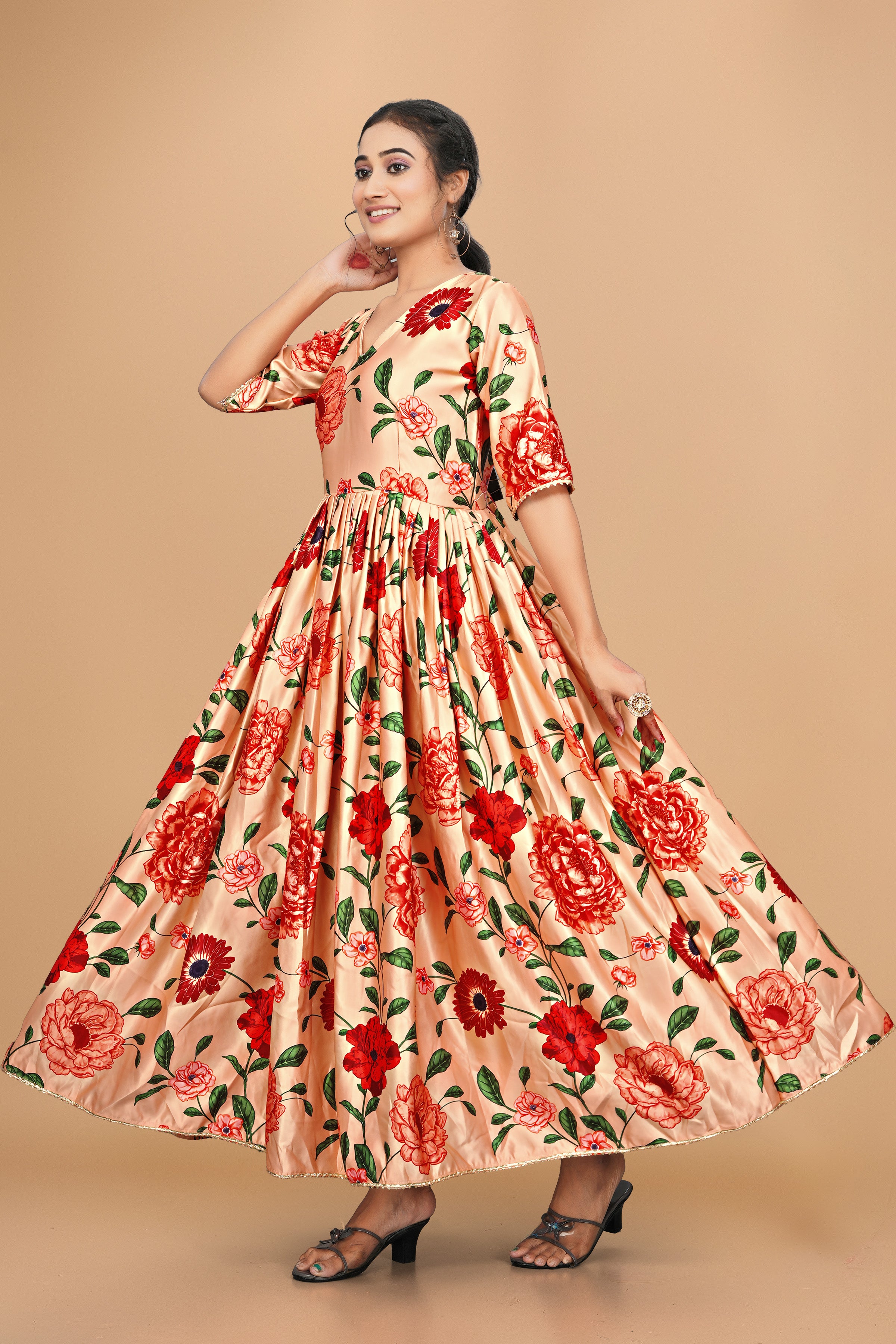 Amazing Pure Satin Designer Gown for Women – 6 Meter Flair | Green Partywear Gown | Ready to Wear