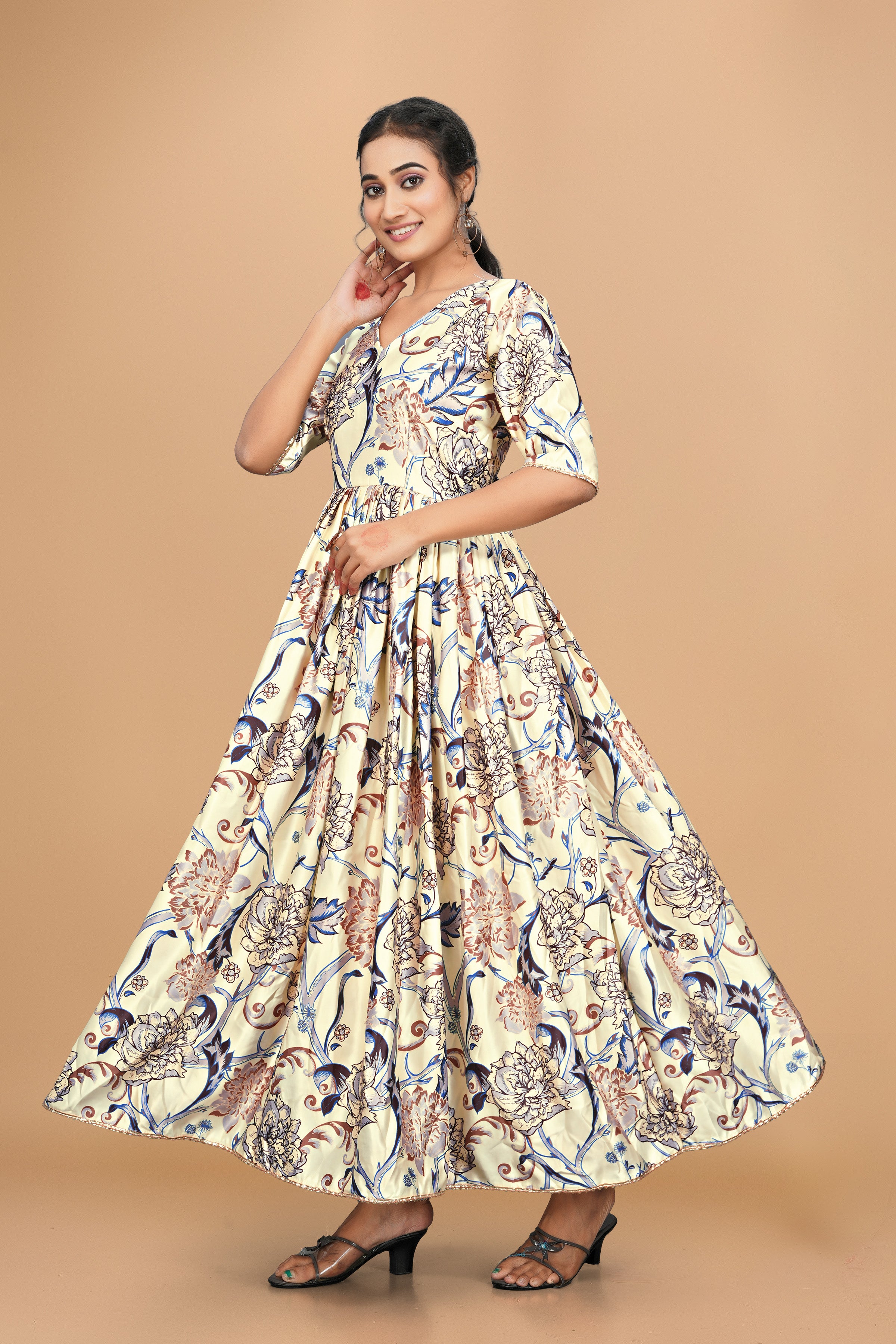 Beautiful Pure Satin Designer Gown for Women – 6 Meter Flair | Green Partywear Gown | Ready to Wear