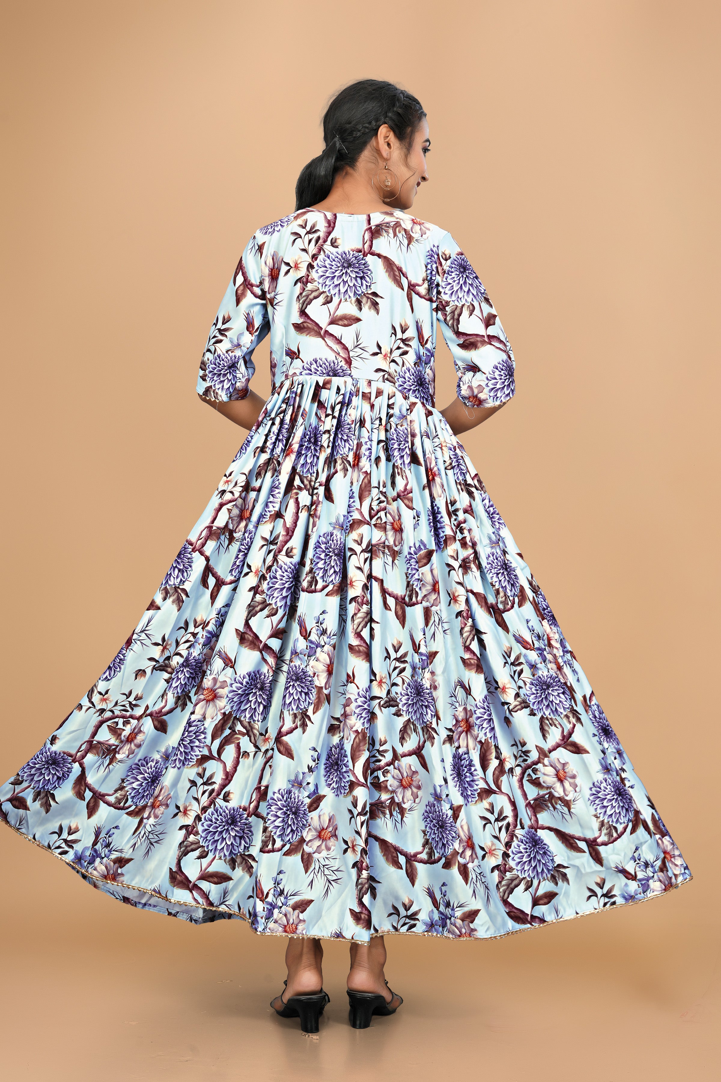 Elegant Pure Satin Designer Gown for Women – 6 Meter Flair | Green Partywear Gown | Ready to Wear