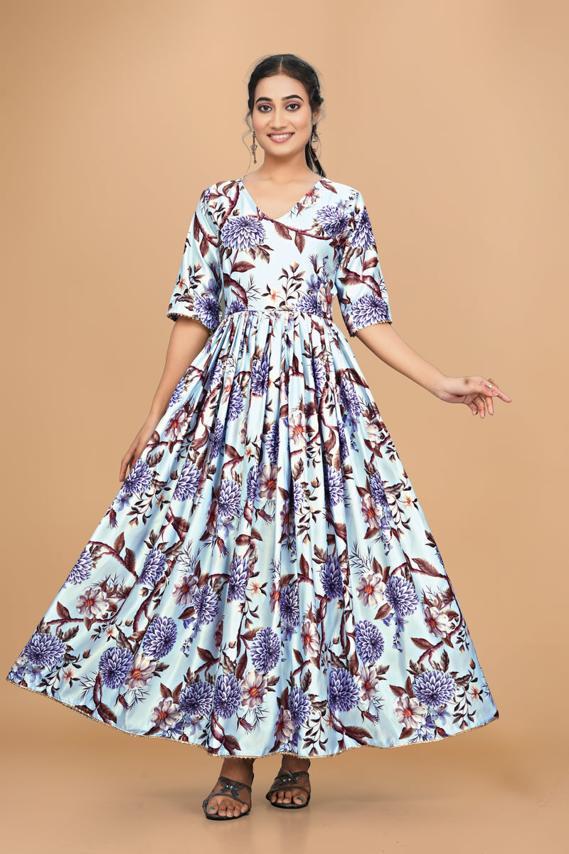 Elegant Pure Satin Designer Gown for Women – 6 Meter Flair | Green Partywear Gown | Ready to Wear