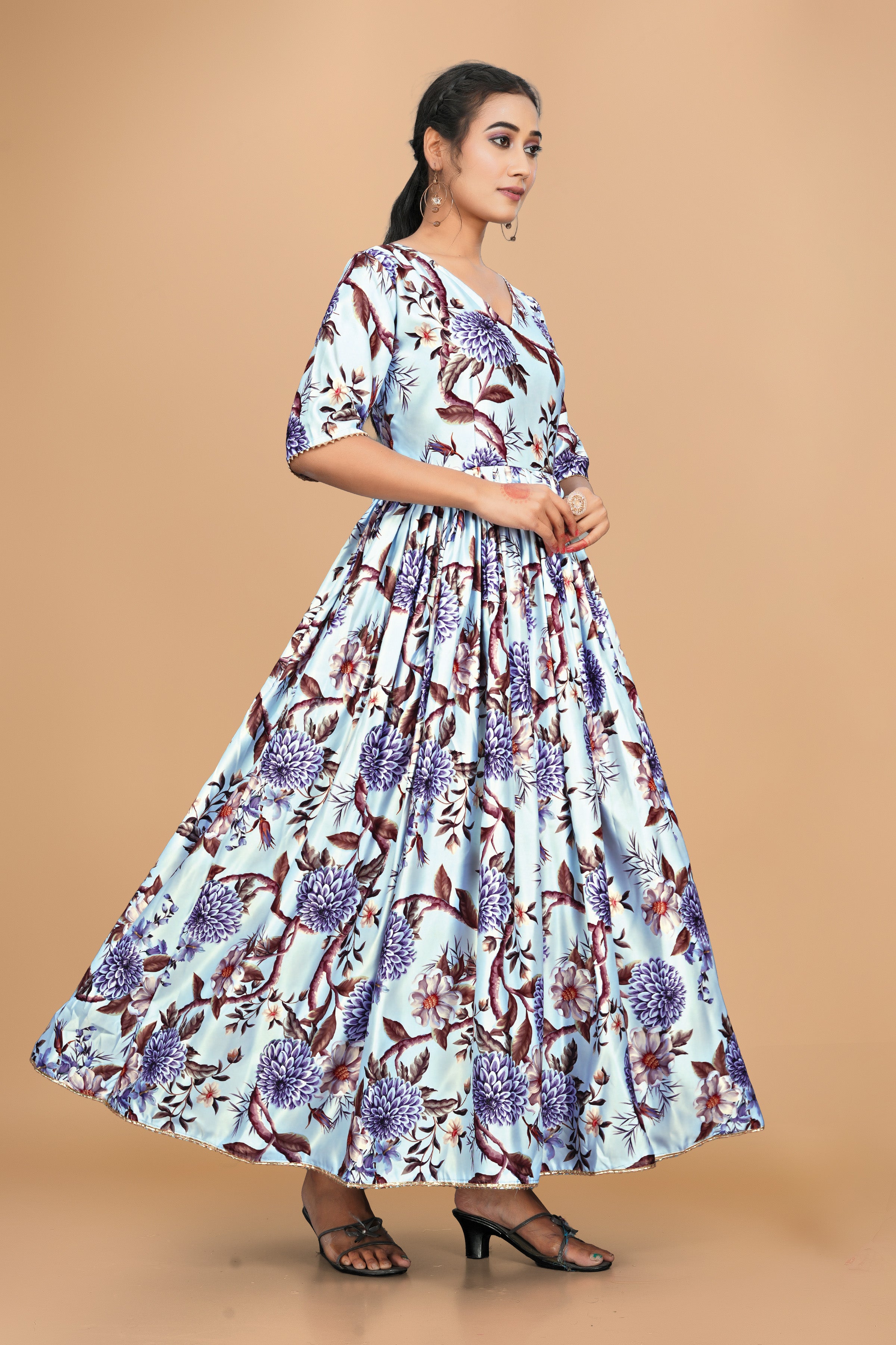 Elegant Pure Satin Designer Gown for Women – 6 Meter Flair | Green Partywear Gown | Ready to Wear