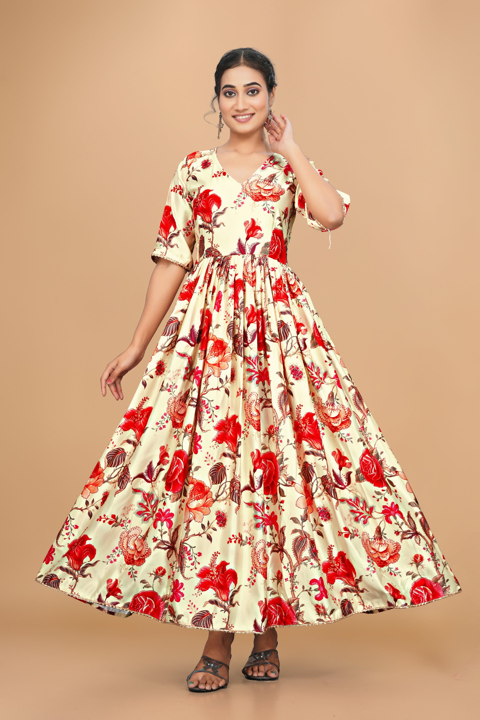 Beautiful Pure Satin Designer Gown for Women – 6 Meter Flair | Green Partywear Gown | Ready to Wear