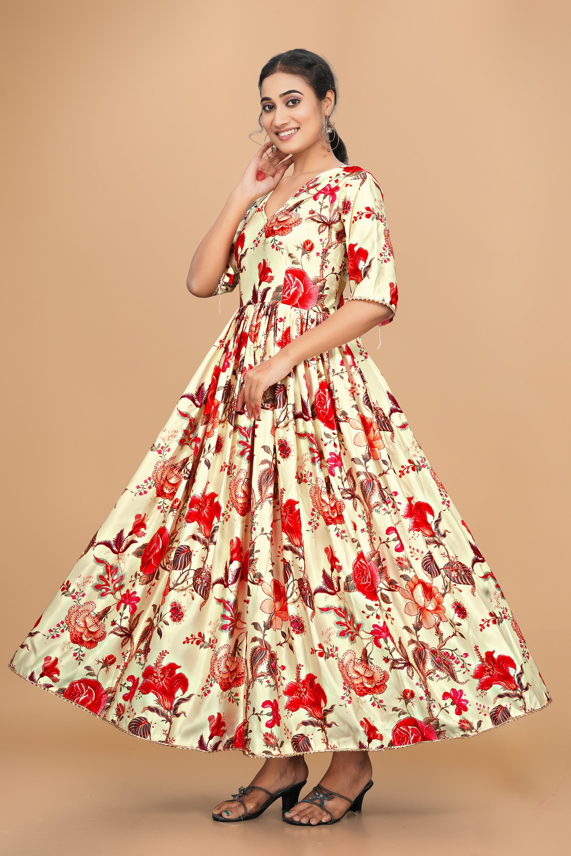 Beautiful Pure Satin Designer Gown for Women – 6 Meter Flair | Green Partywear Gown | Ready to Wear