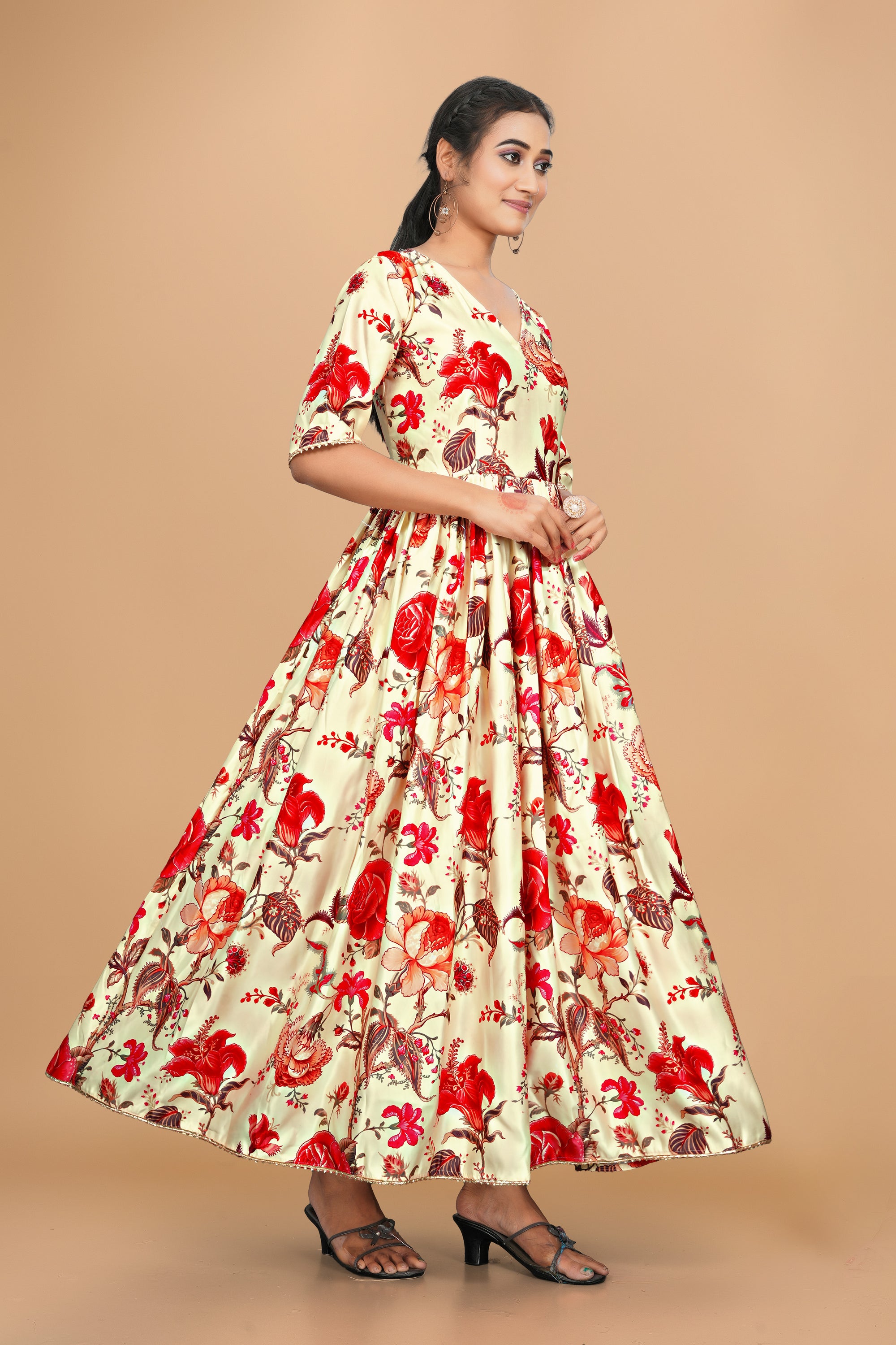 Beautiful Pure Satin Designer Gown for Women – 6 Meter Flair | Green Partywear Gown | Ready to Wear