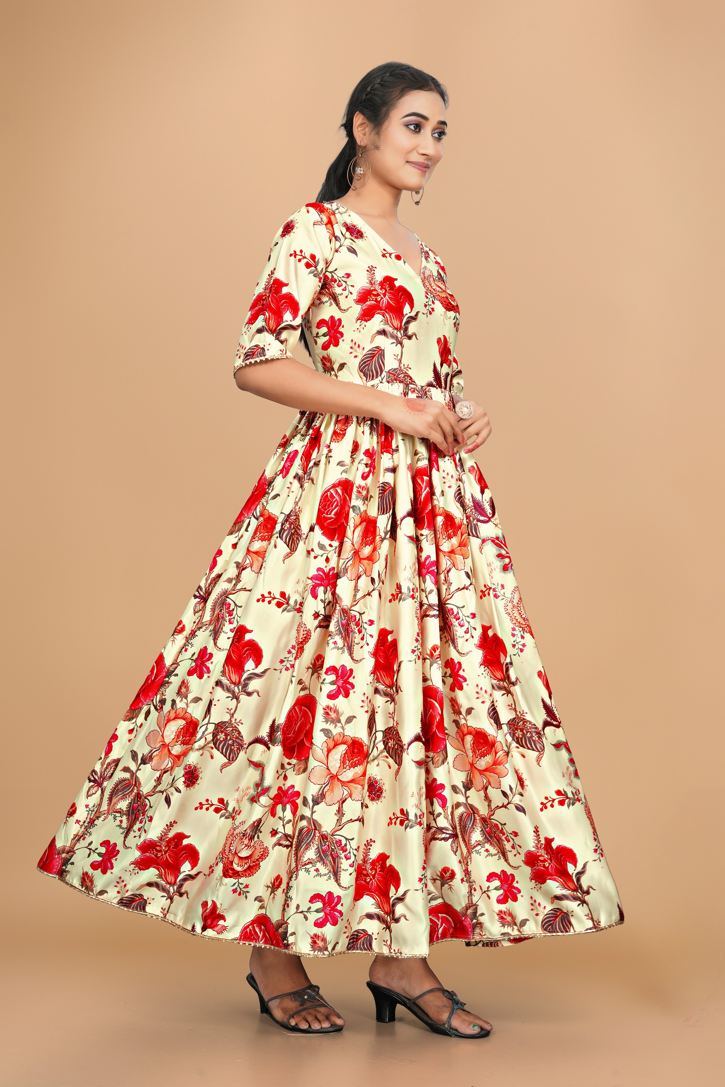 Beautiful Pure Satin Designer Gown for Women – 6 Meter Flair | Green Partywear Gown | Ready to Wear