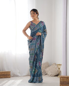 Beautiful Navy Heavy Chinnon Saree Printed Work with Beautiful Kutchi Work Mirror Lace Border