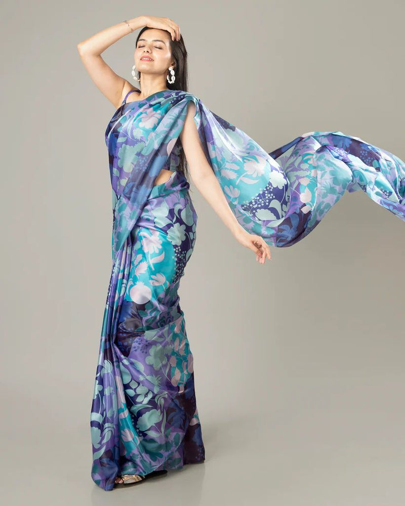 Floral Designs Heavy Satin Sarees With Plain Blouse