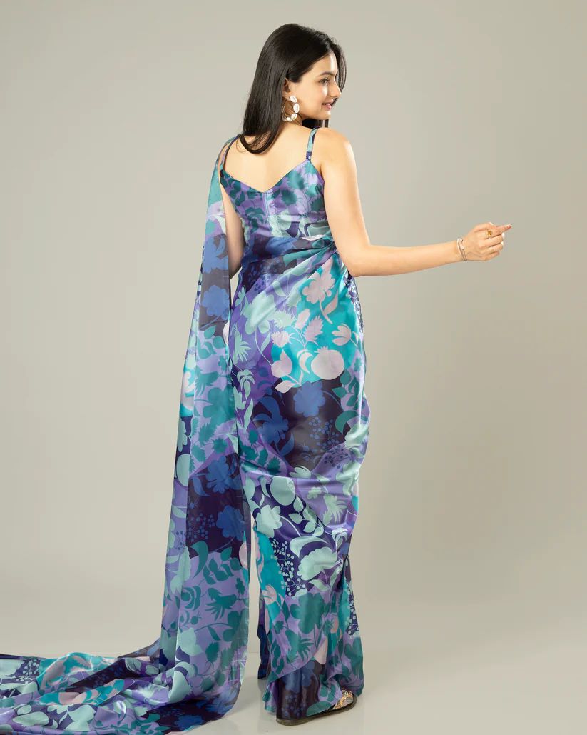 Floral Designs Heavy Satin Sarees With Plain Blouse